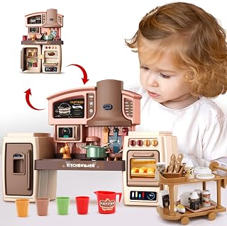 deAO Dollhouse Kitchen Set Mini Kitchen Playset Toy 2 in 1 Cooking Kitchen 30+ Pcs Accessories with Dollhouse Miniature Refrigerator Set Stove Sink Lights & Sounds Kitchen Set for 11-12" Dolls
