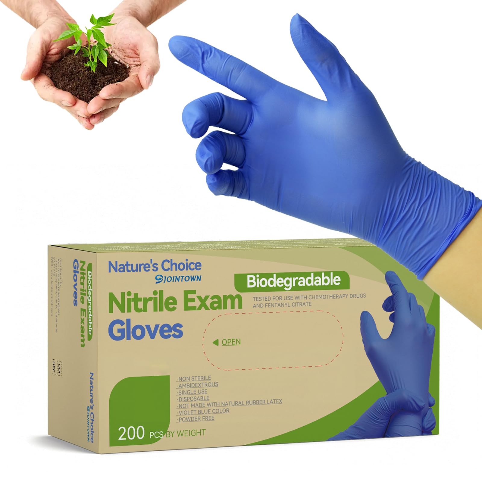 Jointown Biologisch abbaubare Nitril-Untersuchungshandschuhe, Öko-Upgrade, 3,5 mil, puderfrei und latexfrei, strukturierter Griff, lebensmittelechte Einweghandschuhe für hohe Beanspruchung, 200 Stück