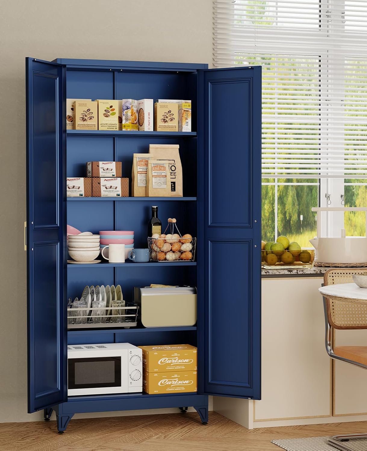 75" Tall Metal Storage Cabinet with 2 Doors and 4 Adjustable Shelves, Heavy Duty Steel Pantry Cabinet for Garage, Home Office, Kitchen and Laundry Room, Freestanding Utility Cupboard,Blue