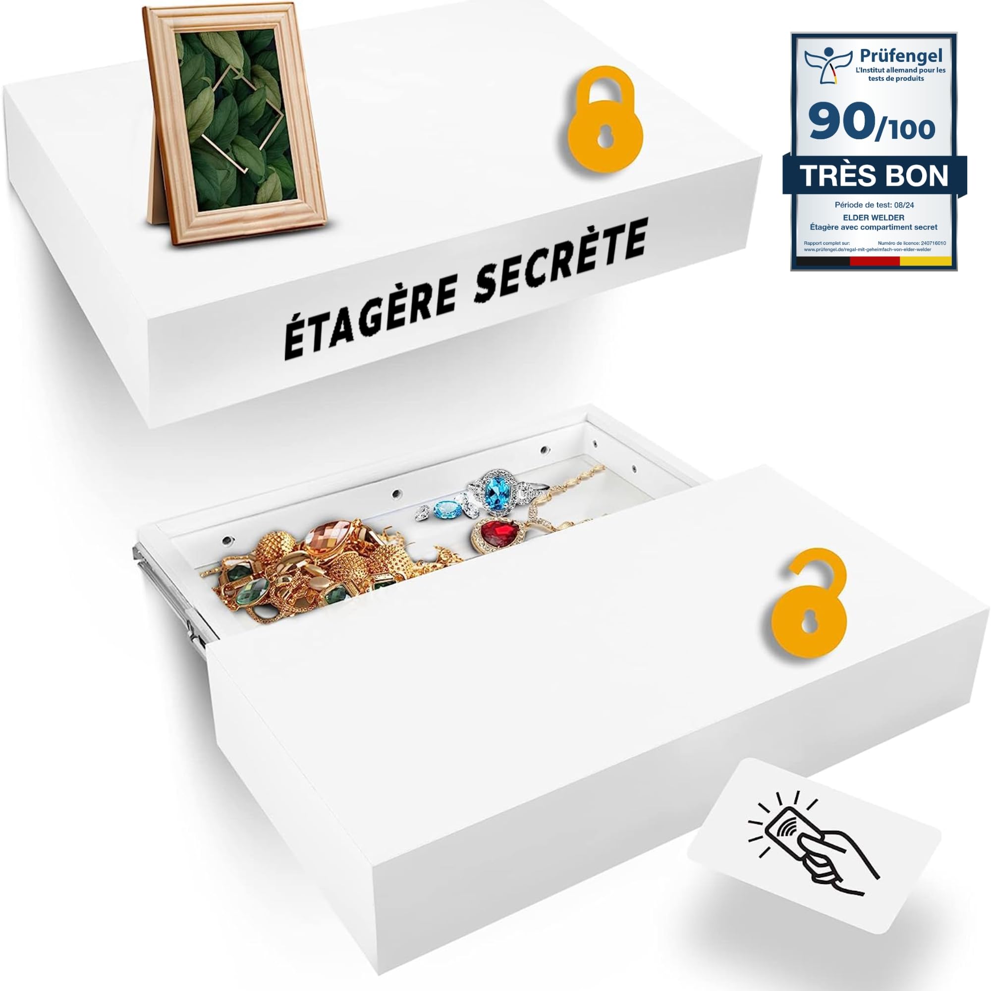 Elder Welder® Étagère Secrète avec Compartiment Secret, Serrure RFID | Blanche, 30cm x 60cm, Coffre Fort Secret, Étagère Murale avec Cachette Secrète à Clé, Étagère Murale Tiroir