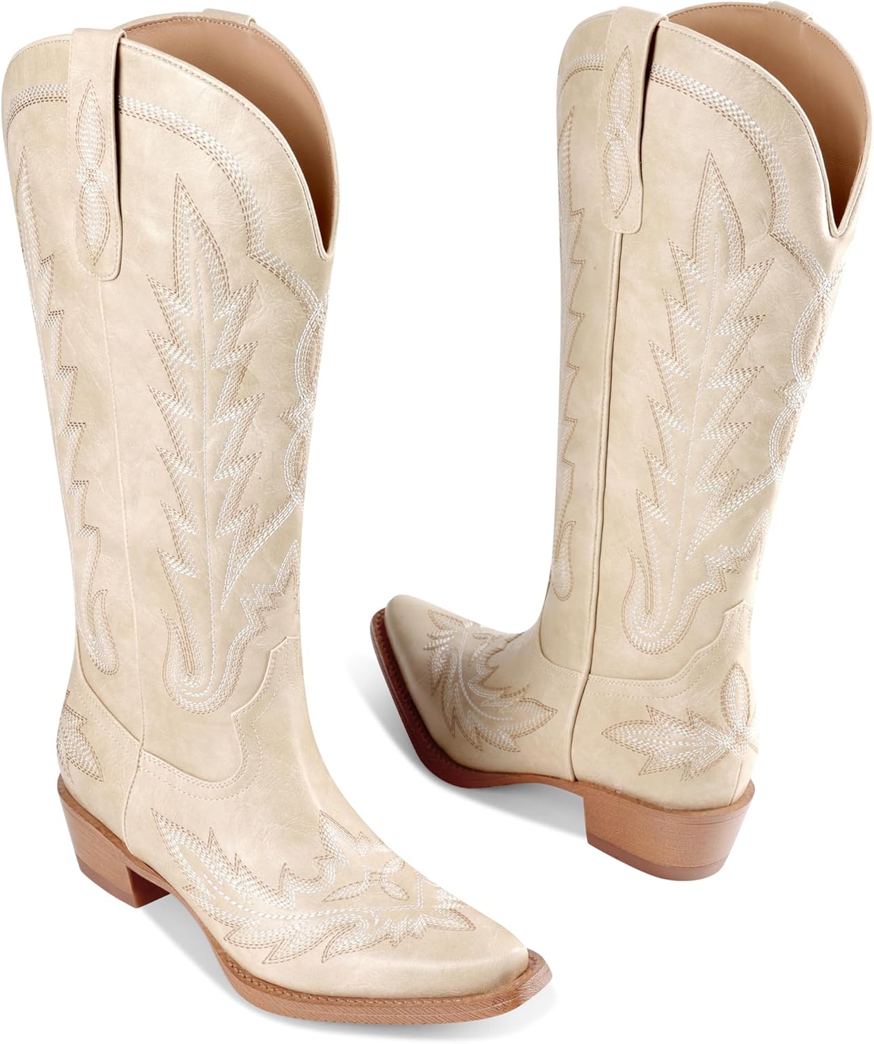 Cowboy Boots For Women Knee High Cowgirl Boots Wide Calf Low Chunky Heel Retro Pull On Western Tall Boots for Ladies Rodeos Party Concert Festival