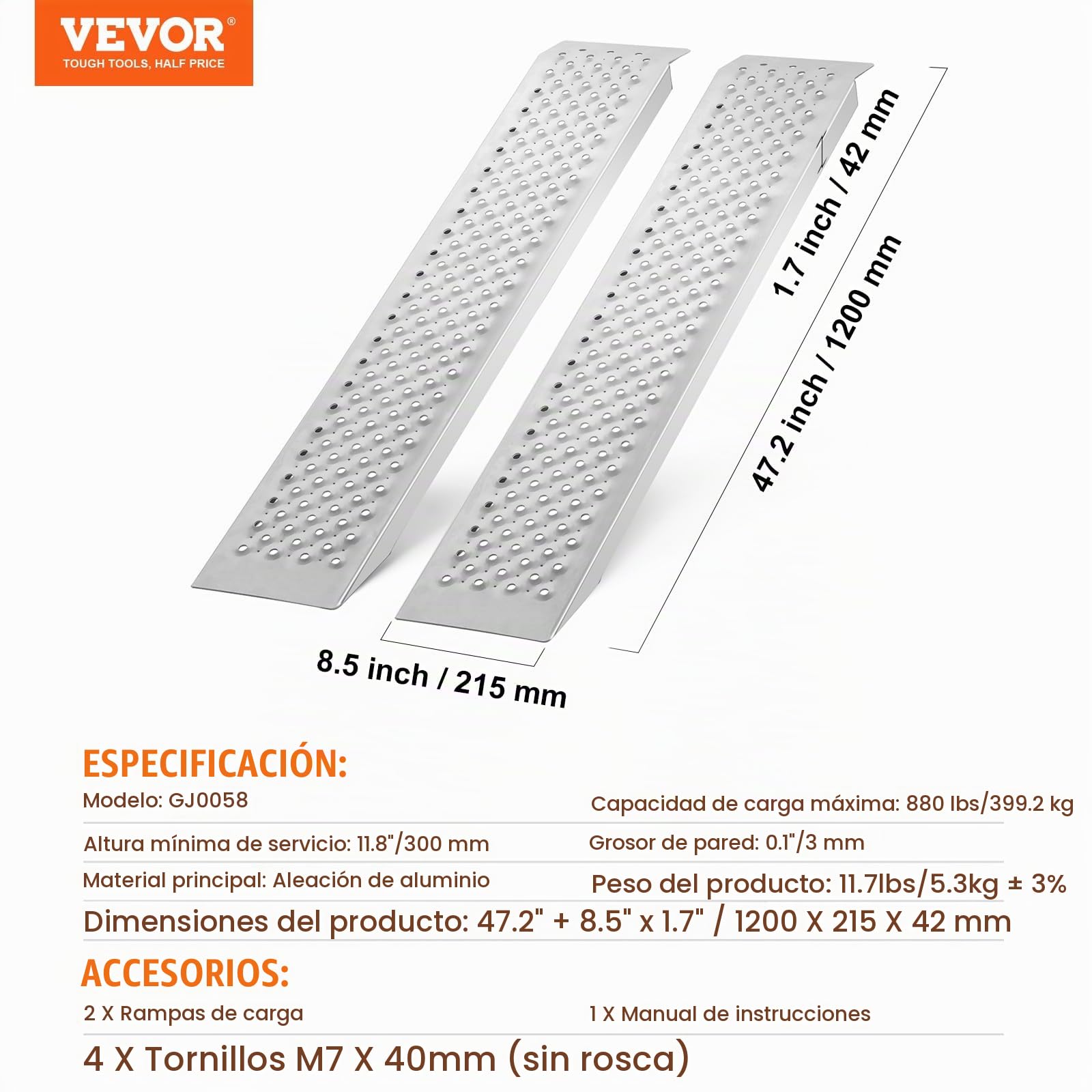 VEVOR Rampa de Carga de Aluminio 2 Piezas 2160 x 1375 mm Rampa de Acceso Capacidad de Carga de 399,2 kg Ligera y Portátil para Motocicleta Todoterreno, Remolque, ATV, UTV, Tractor, Cortacésped