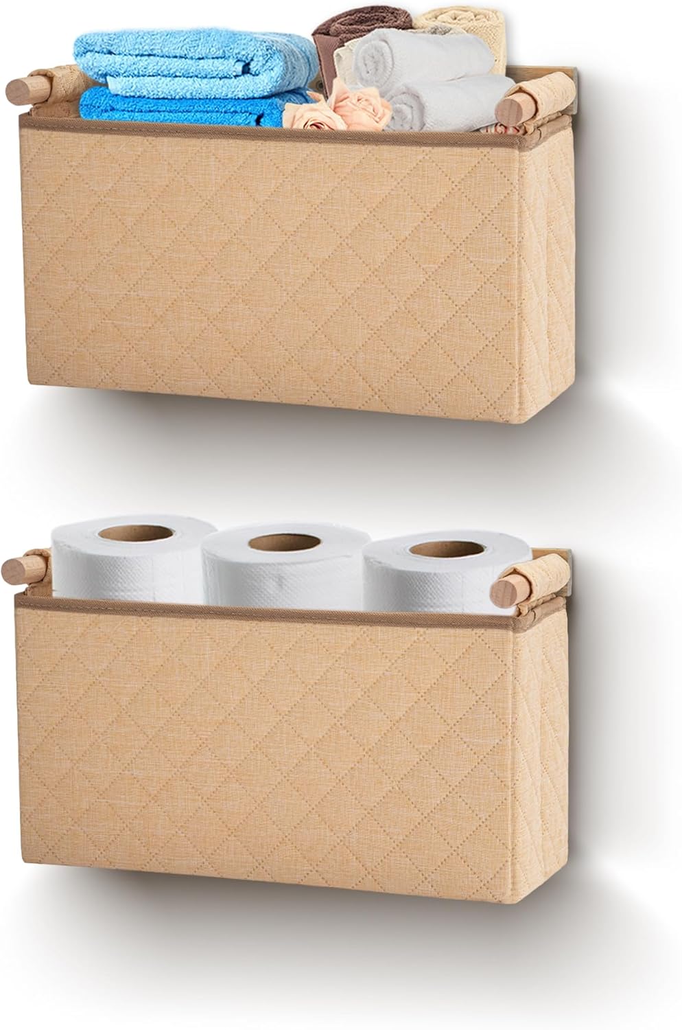 Besuerte Wall Hanging Organizer Bag Set of 2, Wall Mounted Laundry Hamper, Hanging Baskets For Organizing Toilet Paper, Clothes, Socks In Bathroom, Bedroom, Laundry Room, Living Room (Small, Beige)