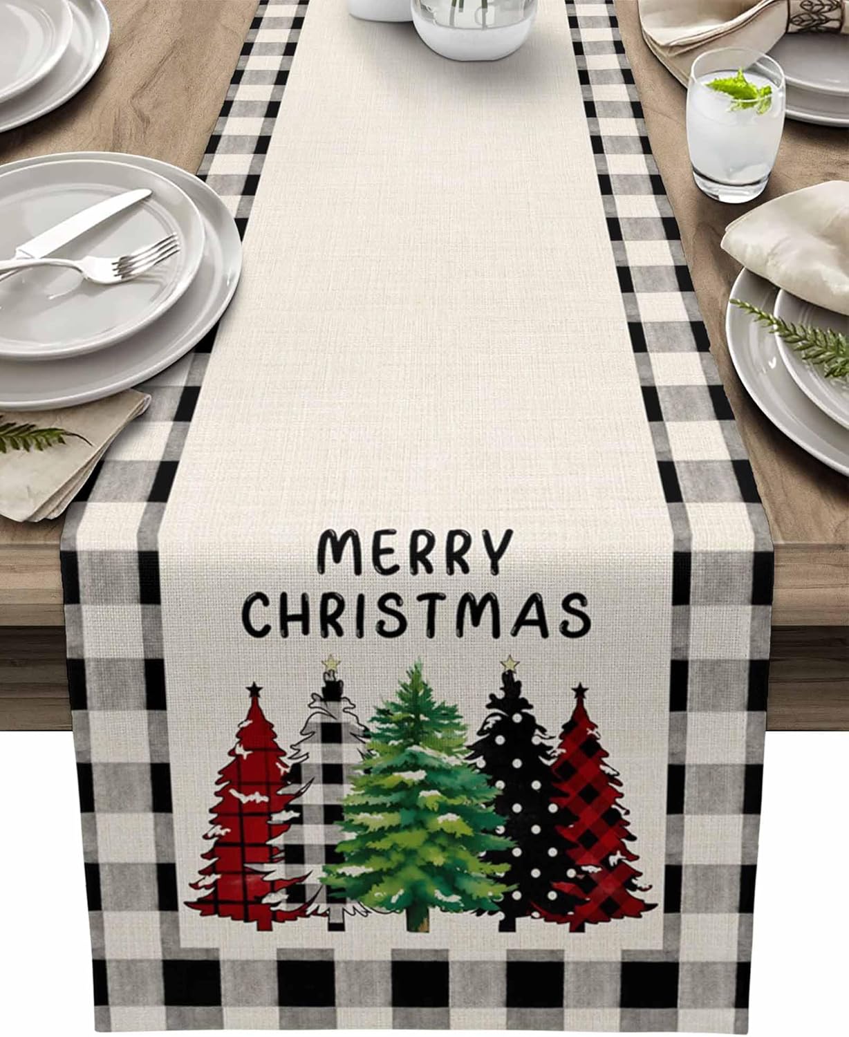 Merry Christmas Table Runner 72 inches Long Beige Cream Black and White Buffalo Plaid Xmas Coffee Table Runner for Kitchen/Dining Runners for Party Home Dresser Scarves Tabletop Decoration 18x72in