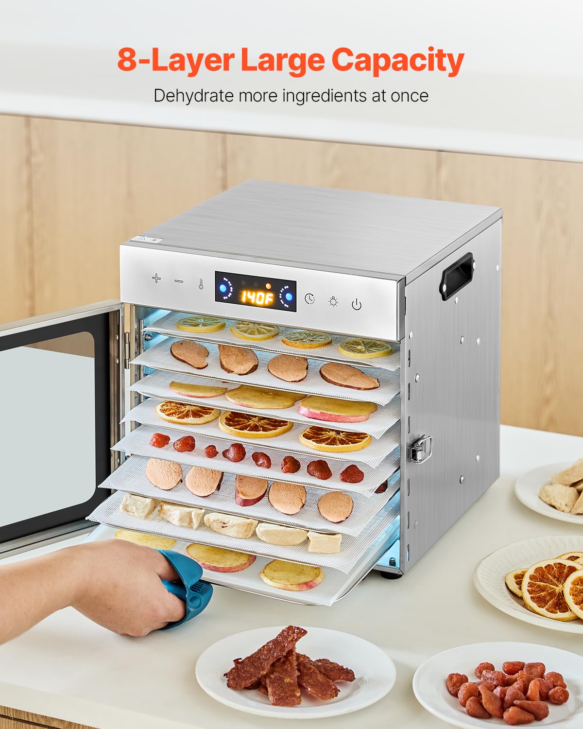 VEVOR Suszarka do żywności 8 tacek ze stali nierdzewnej, elektryczna suszarka do żywności 400 W regulowana temperatura suszonego mięsa, owoce, warzywa, zioła aromatyczne, smakołyki dla psów