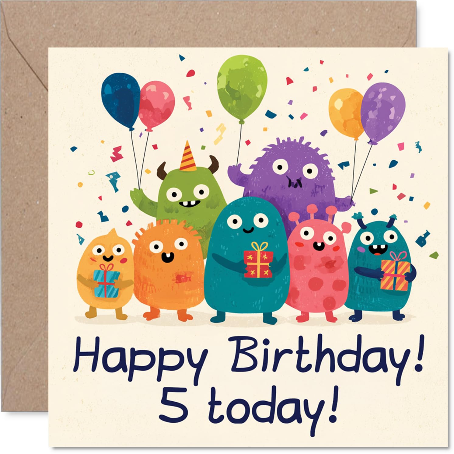 Playful 5th Birthday Card - Monsters on a Birthday Bash - Colourful Creatures, Balloons and Gifts - Bursting with Fun for a Lively Celebration - 145mm Square, Envelope Included