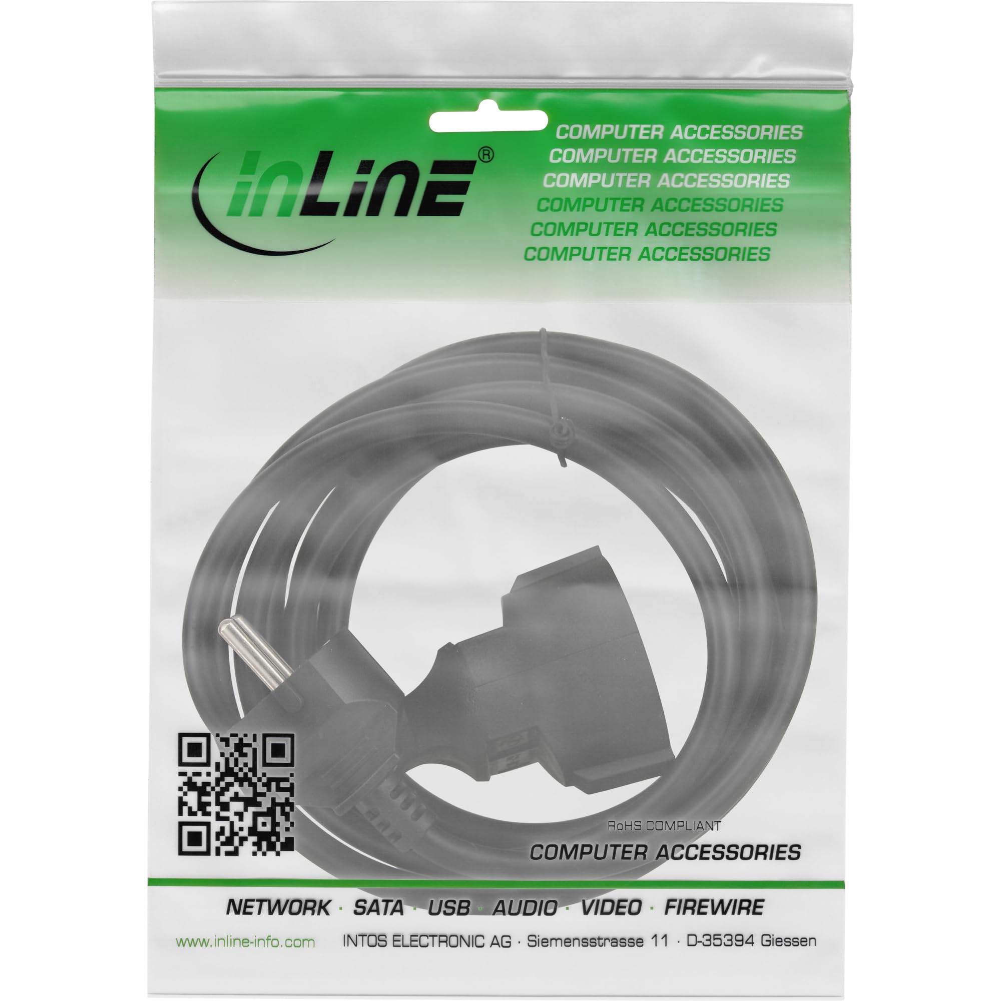 Inline Przedłużacz ze stykiem ochronnym CEE 7/7 do użytku w pomieszczeniach, certyfikat GS z ochroną przed dziećmi, 230 V, H05VV-F3G1,5, 1,5 m, czarny, 16401