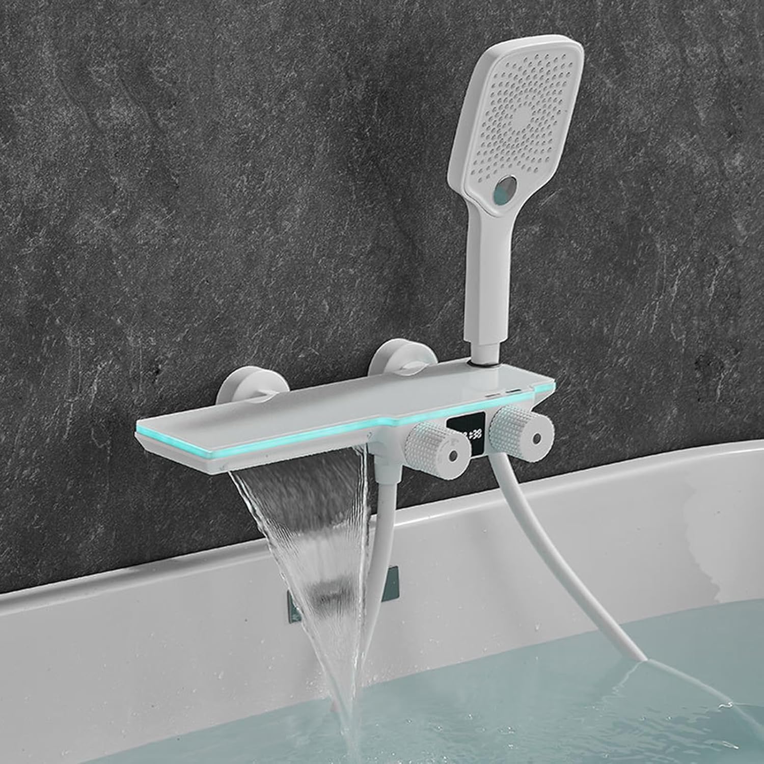 Mitigeur de bain numérique à cascade avec pommeau de douche LED blanc