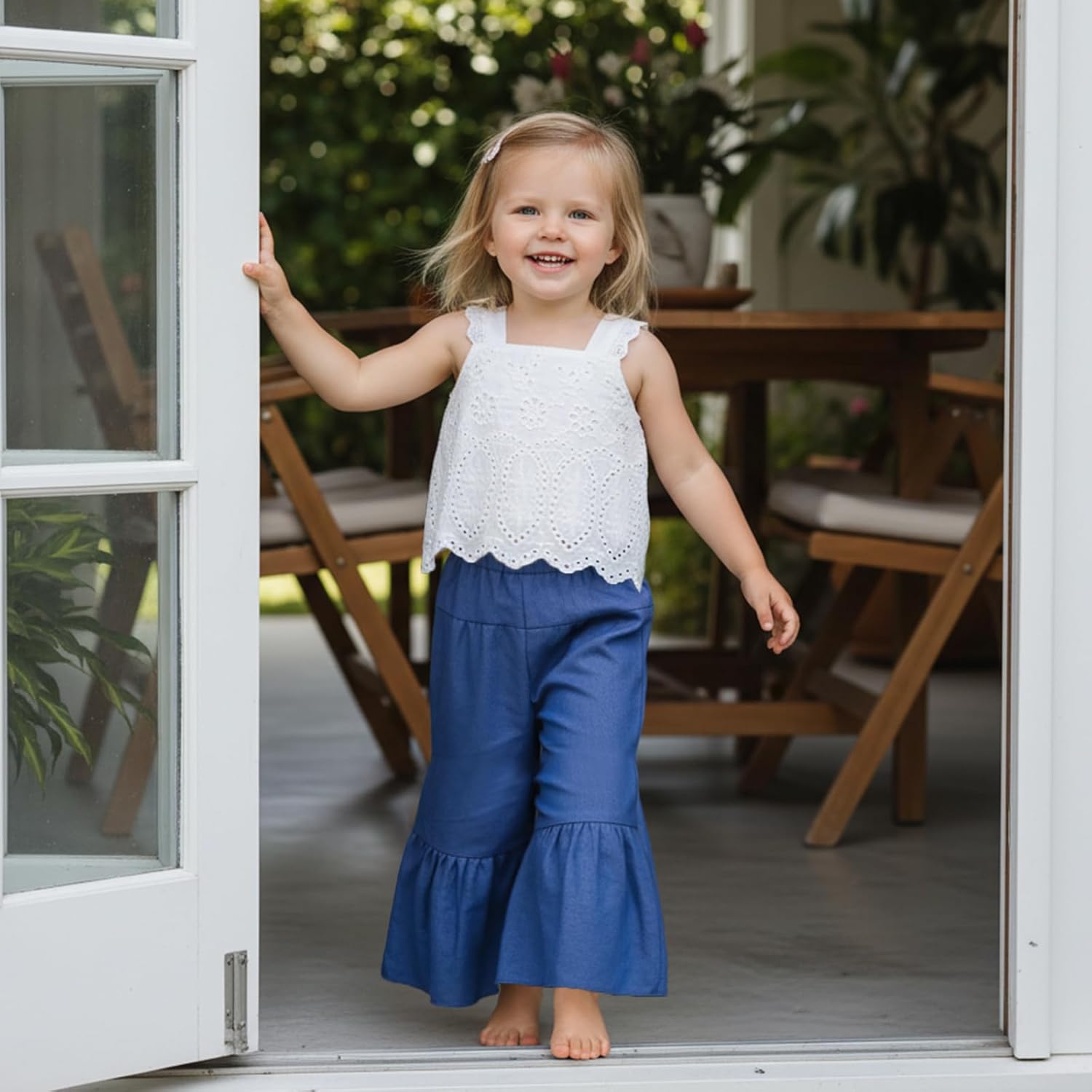 VISGOGO Toddler Baby Girls Summer Outfit Sleeveless Lace Embroidery Clothes Toddler Kids Tank Tops Bell-bottom Pants Set - Image 3