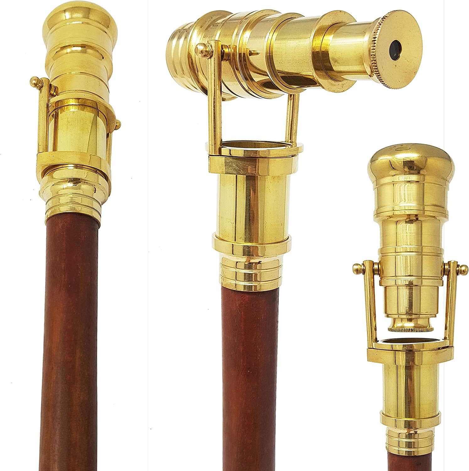 Telescope Walking Stick Costume Wooden Cane Foldable Rosewood Stick Steampunk Style (Polished Brass) Collectible Home Decorative Walking Stick Best for Gift-image-36