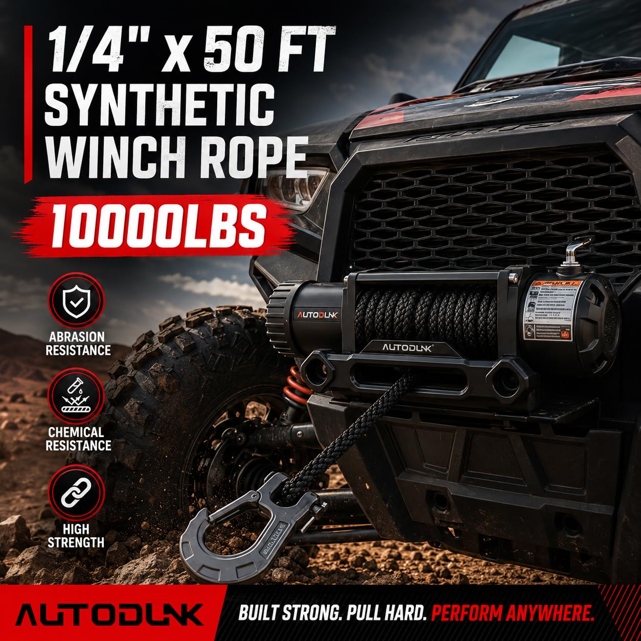 Kit cavo verricello sintetico 1/4 x 50 piedi 1000 libbre linea corda verricello nero con custodia protettiva+tappo in gomma + gancio verricello + cinghia di sicurezza per ATV UTV SUV