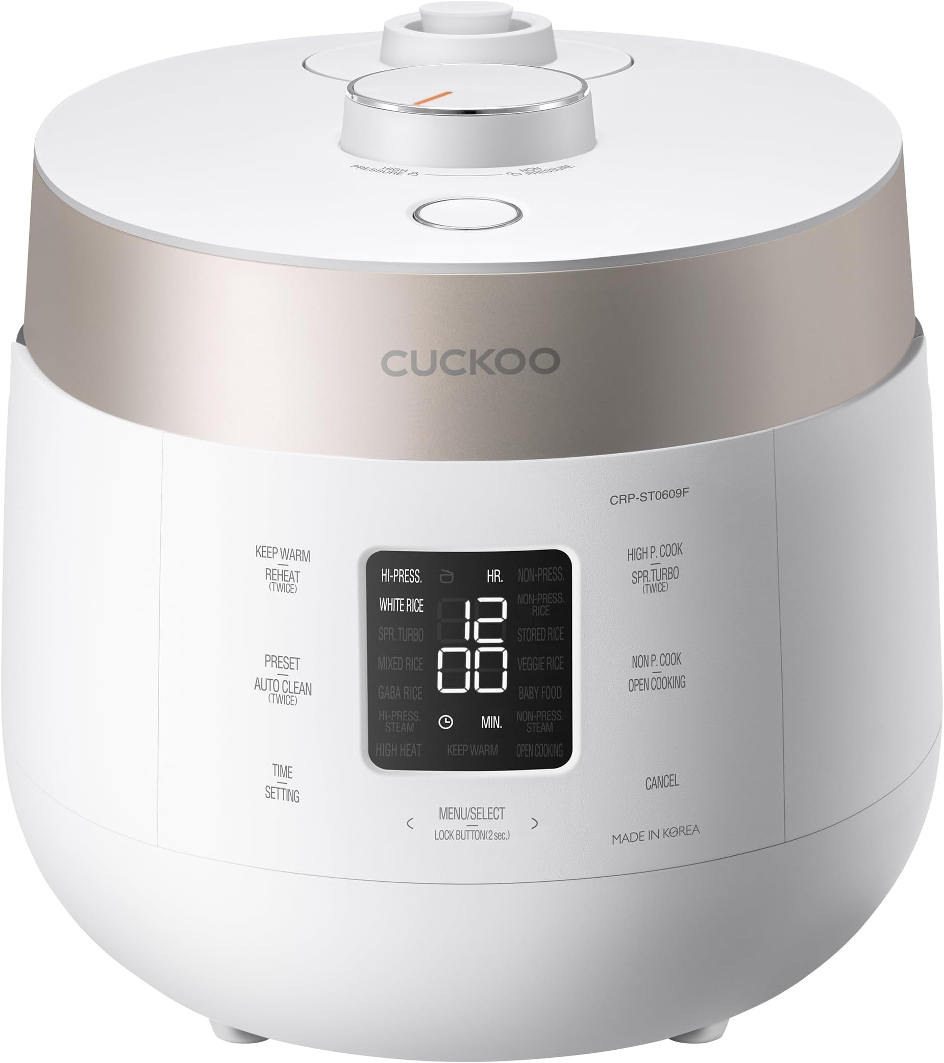 Twin Pressure Rice Cooker 6-Cup Uncooked / 12-Cup Cooked with Nonstick Inner Pot, Versatile Rice Maker & Warmer with 16 Menu Options, Open Cooking Mode, Voice Guide, White (CRP-ST0609FW)
