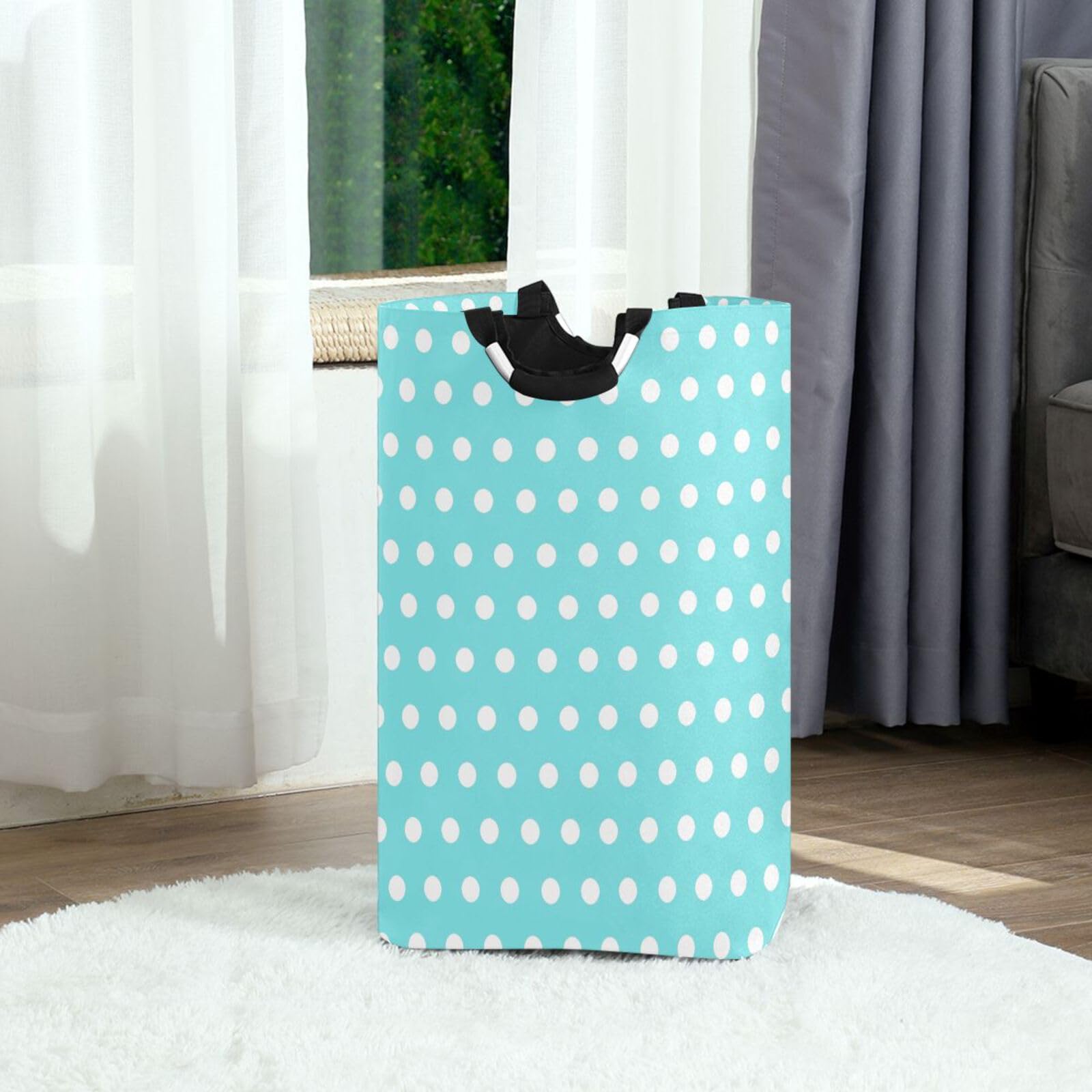 Jihqo Laundry Hamper Basket Polka Dots Sky Blue White Collapsible Nursery Storage Bin Waterproof Clothing Baskets for Home Bedroom Bathroom Washing Room