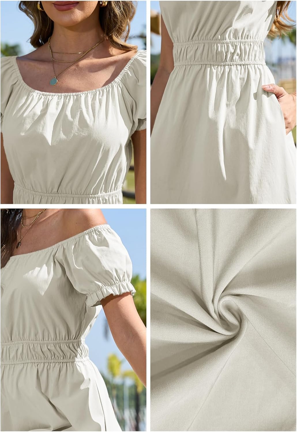 Alaster Queen Womens Summer Dresses 2025 with Pockets Casual Puff Sleeve Square Neck A Line Off The Shoulder Dress - Image 7