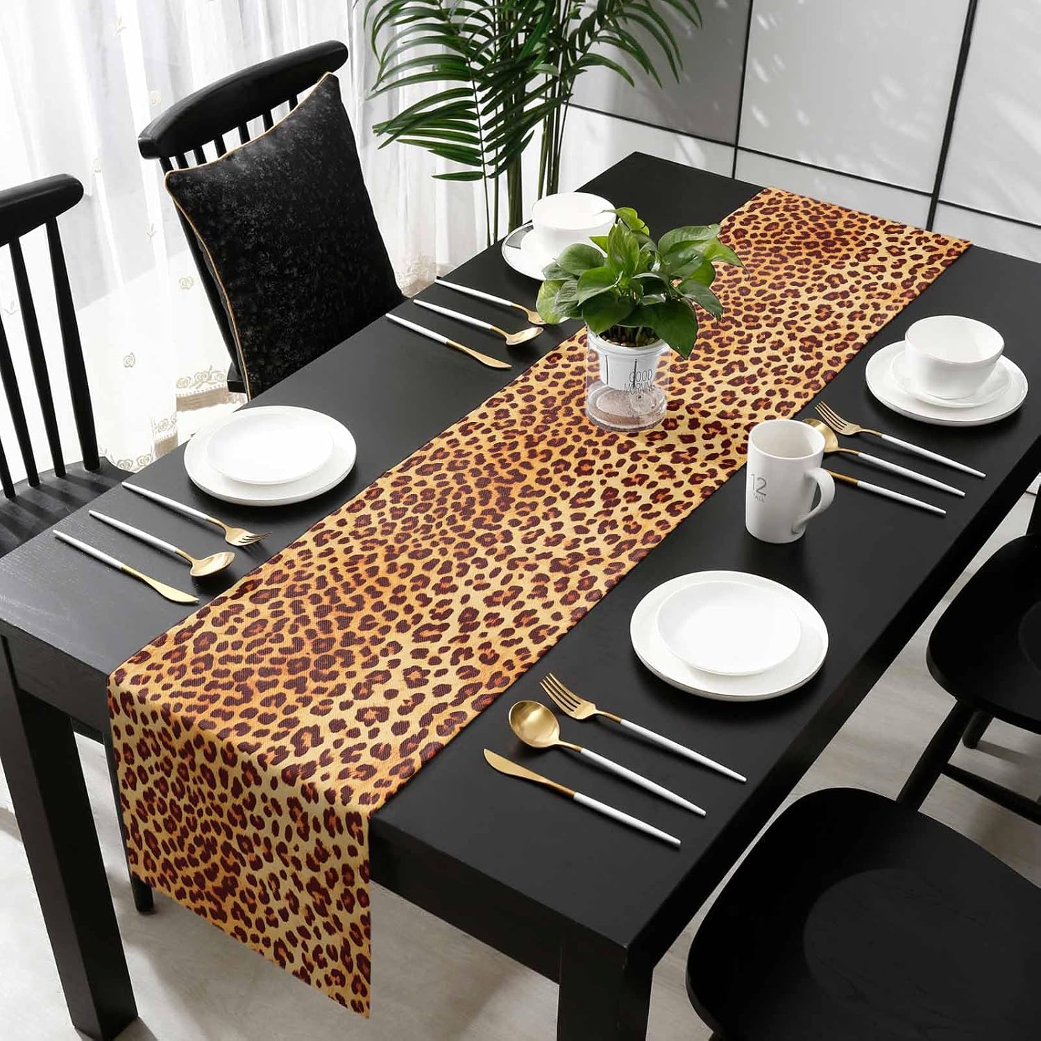 Leopard Print Table Runner-Cotton linen-Long 108 inche Cheetah Print Dresser Scarves,Animal Tablerunner for Kitchen Coffee/Dining/Sofa/End Table Bedroom Home Living Room,Scarf Decor for Holiday Dinner
