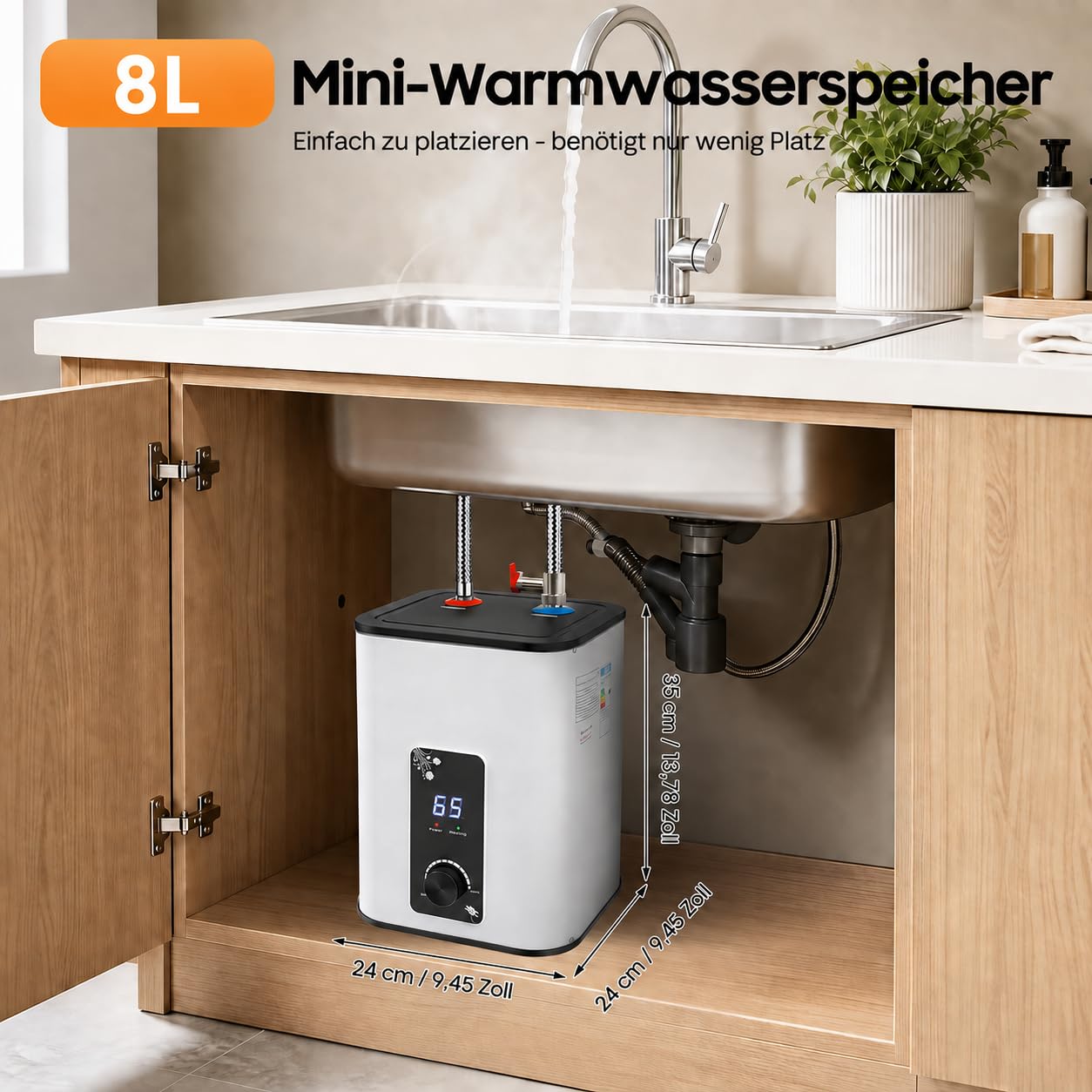 Warmwasserspeicher 8L Untertisch Boiler 1500W Kleiner Druckfester Warmwasserspeicher mit Thermostop-Funktion Untertischboiler 0-65℃ Einstellbarer Temperatur Einstellbar für Küche Bad (8L)