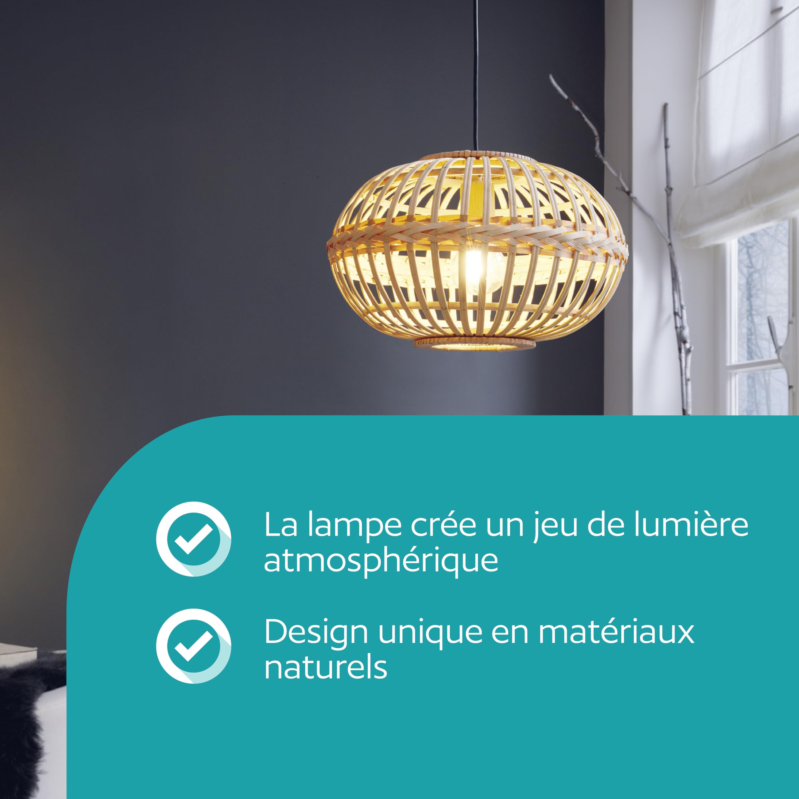 Eglo Suspension luminaire Amsfield, lustre vintage et boho en acier et bois