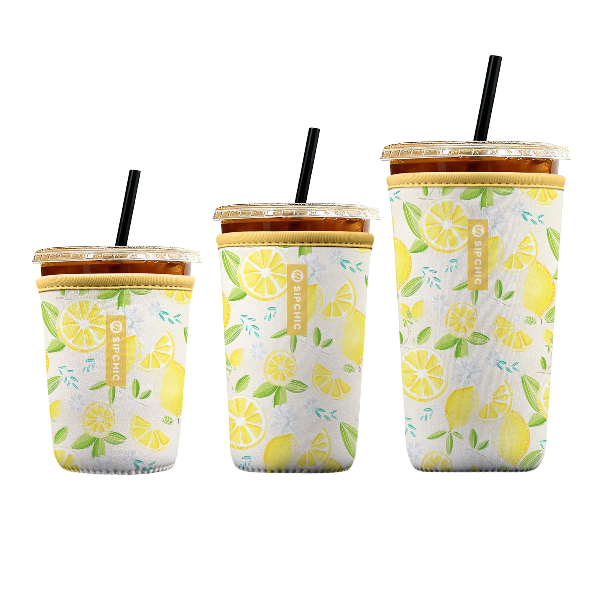 Iced Coffee Sleeve – Neoprene Reusable Cup Sleeves for Drinks, Insulated Drink Sleeves to Keep Hands Dry &amp; Drinks Cold, Stylish &amp; Durable Coffee Sleeves (Lemon Breeze, S/M/L 3-Pack)