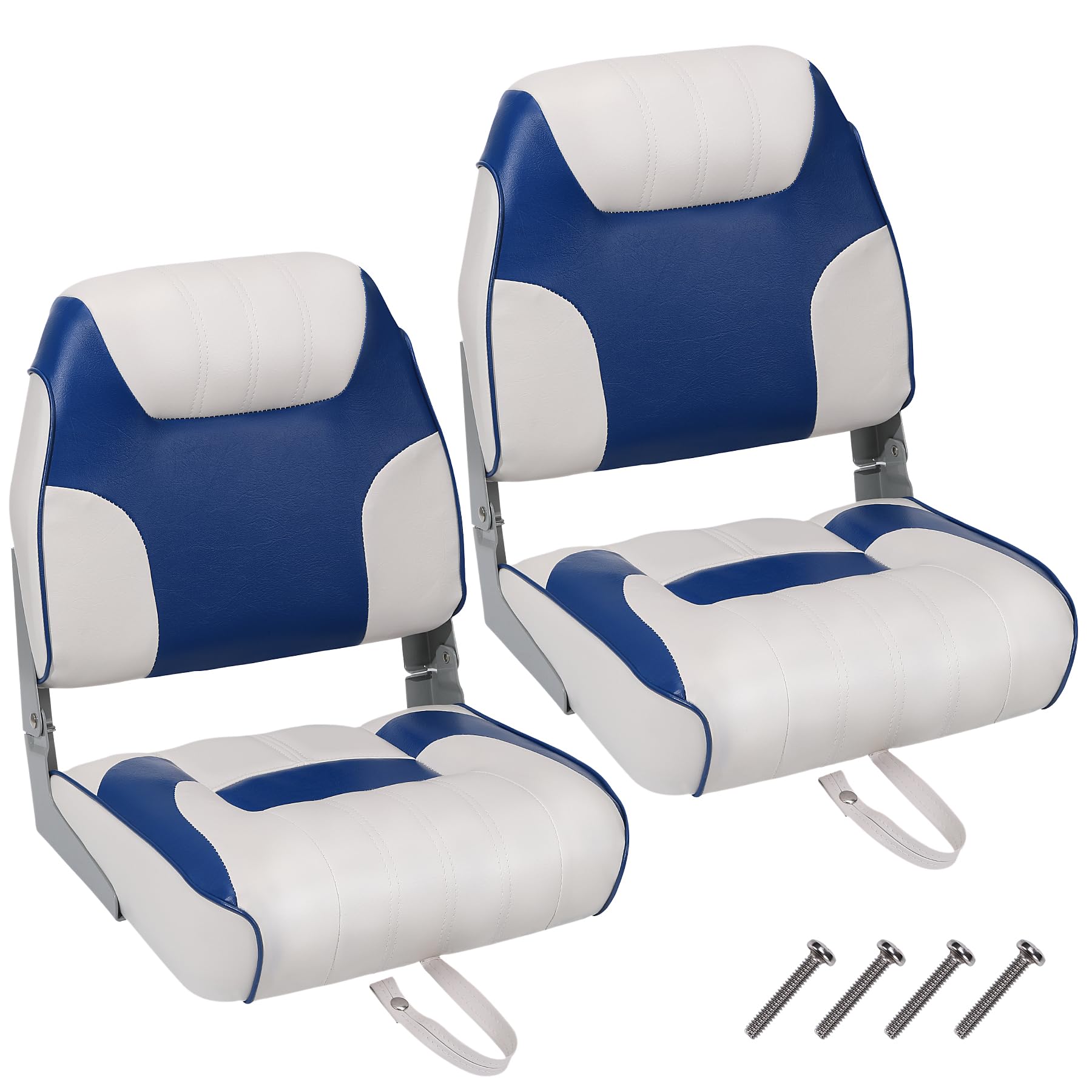 Garvee Sièges pliables bateau – Lot de 2, dossier bas, coussin épais, résistant intempéries, vis inox, parfaits pêche, croisière, speedboat – Coloris bleu royal et blanc