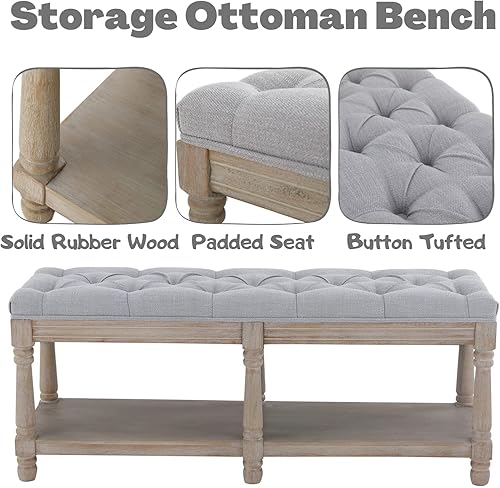 Miniatura 4 de Banco de entrada tapizado, banco otomano de almacenamiento para dormitorio, banco otomano de tela copetuda con estante y patas de madera para