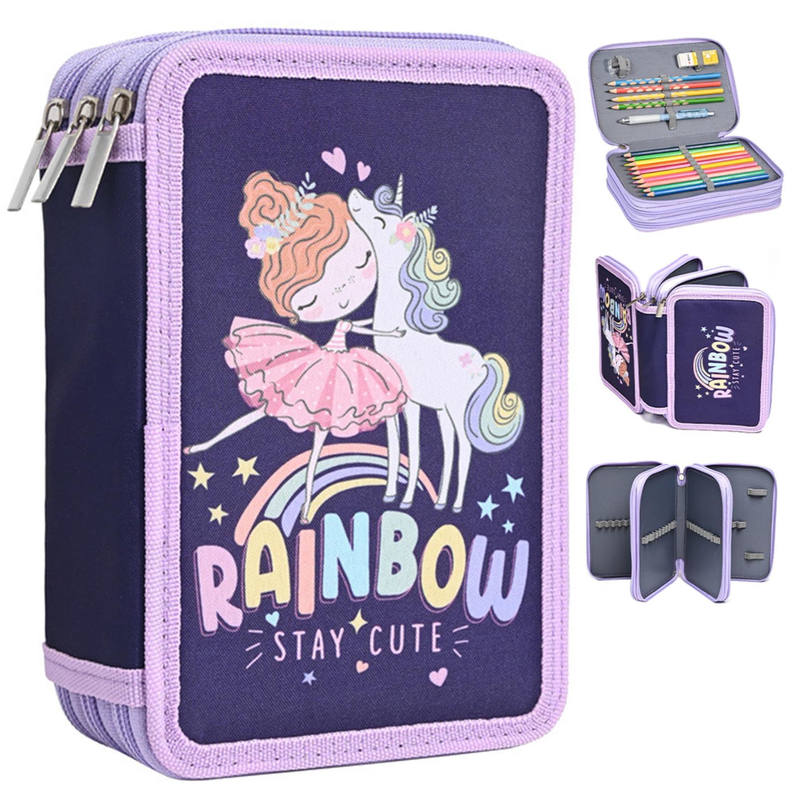 Veroa Pencil Case 3 Compartments - Square, Multilayer, Large Capacity - Pink, Purple - 57 Pockets for School, Teenagers, Children, Boys, Girls