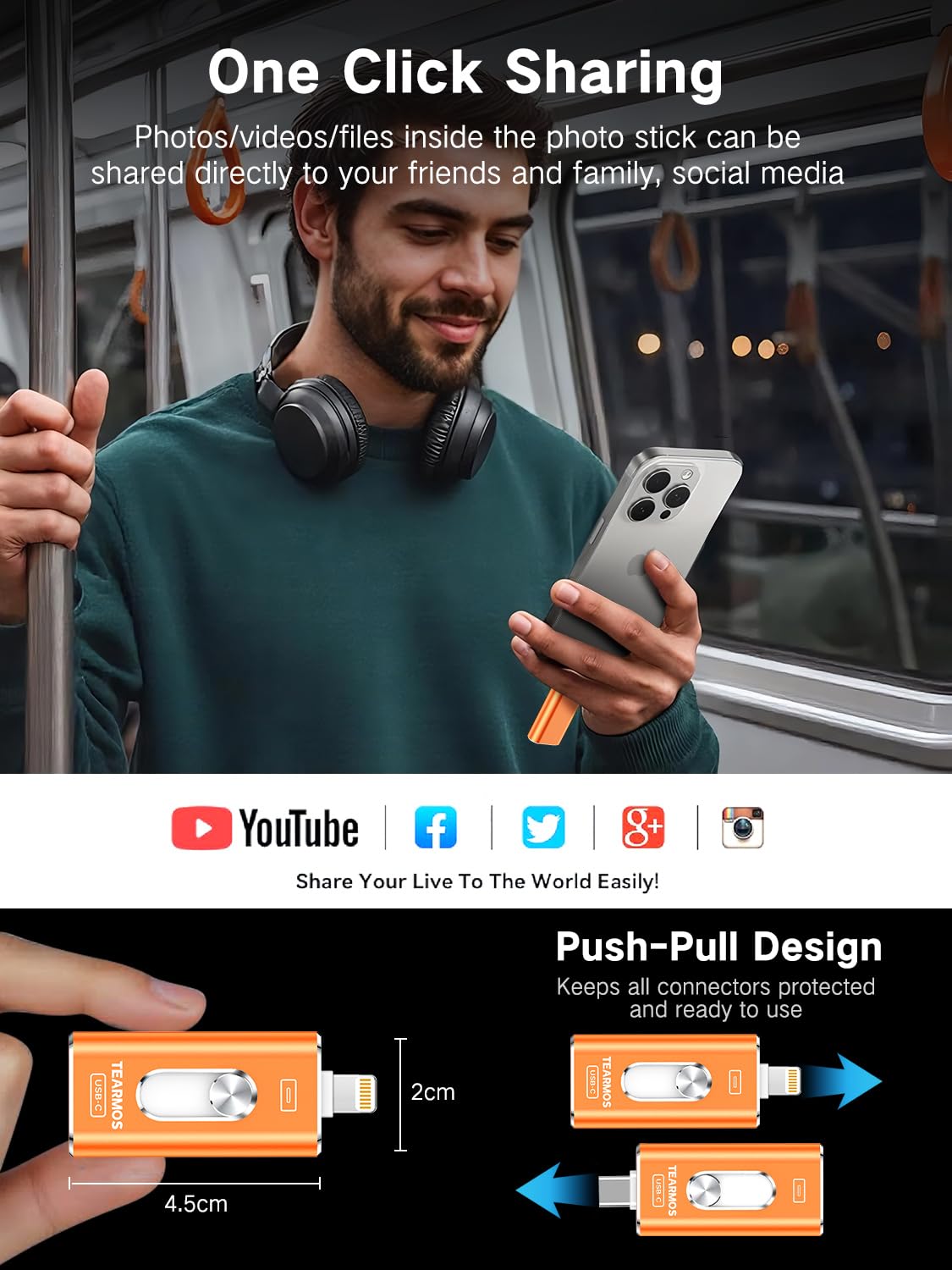Memoria de 256 GB para unidad flash de iPhone, almacenamiento de teléfono para fotos y videos, copia de seguridad de archivos, compatible con iPhone, iPad, Android, PC, Plug & Play, no