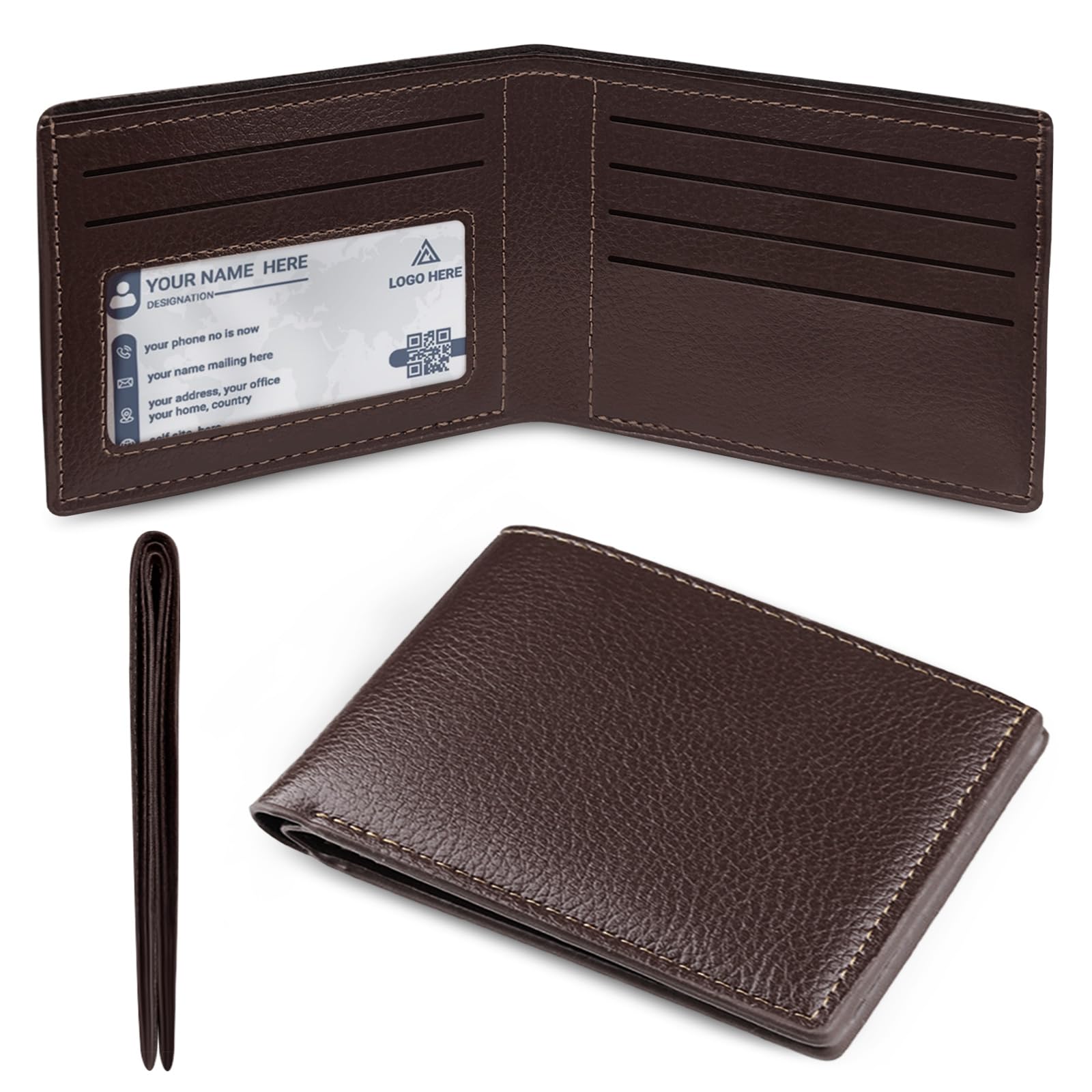 luseyfj Mens Slim Bifold Wallet with ID Clear Window & 6 Credit Card Slots, Minimalist Handmade Bifold Wallets for Men, Thin Card Credit Holder Wallet