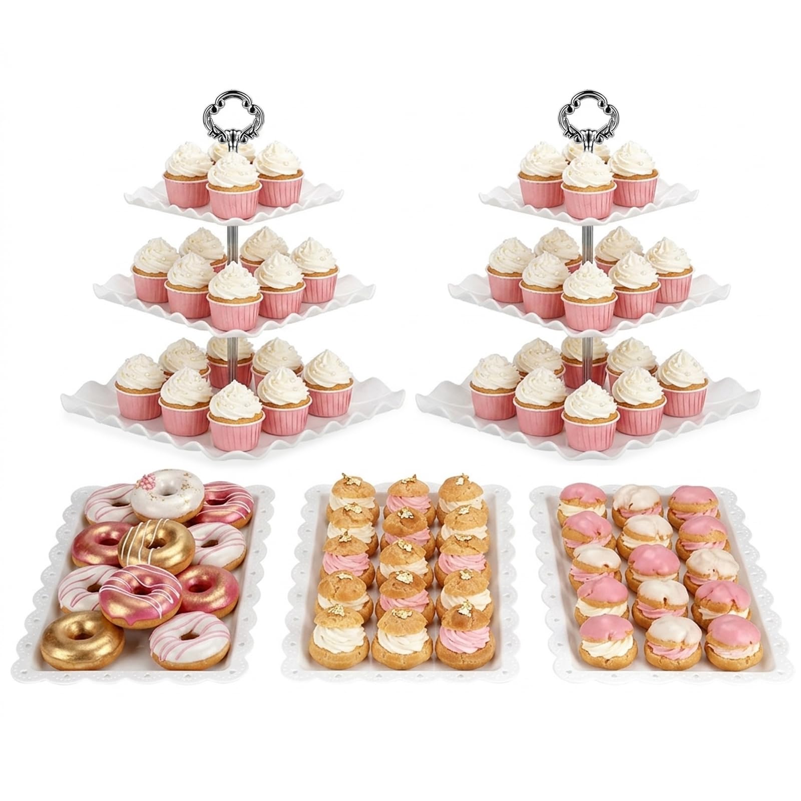 NWK 5 Piece Cake Stand Set with 2x 3-Tier Cupcake Stands + 3X Appetizer Trays Perfect for Wedding Birthday Baby Shower Thanksgiving Christmas New Year Party