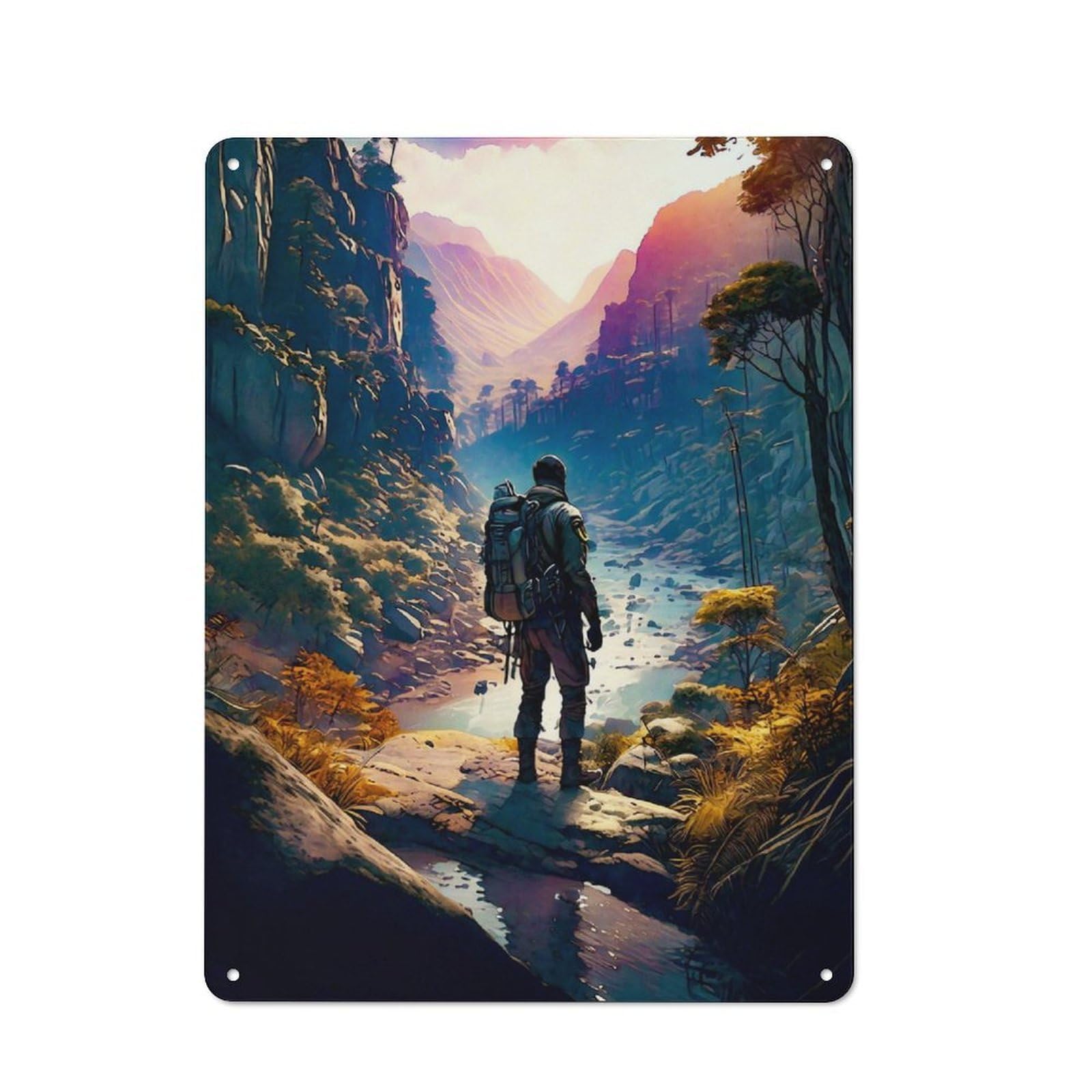 Junmoney Lone Traveler In Mountain Valley Nostalgic Metal Wall Sign 40X30cm, Bar Wall Plaque For Pub, Home Bar, Shed Or Man Cave