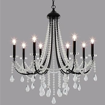 33.5" Crystal Chandeliers Luxury Black 8 Lights Candle Ceiling Light Fixture, Modern Flush Mount Adjustable Hanging Pendant Lighting for Hallway Living Dinning Room