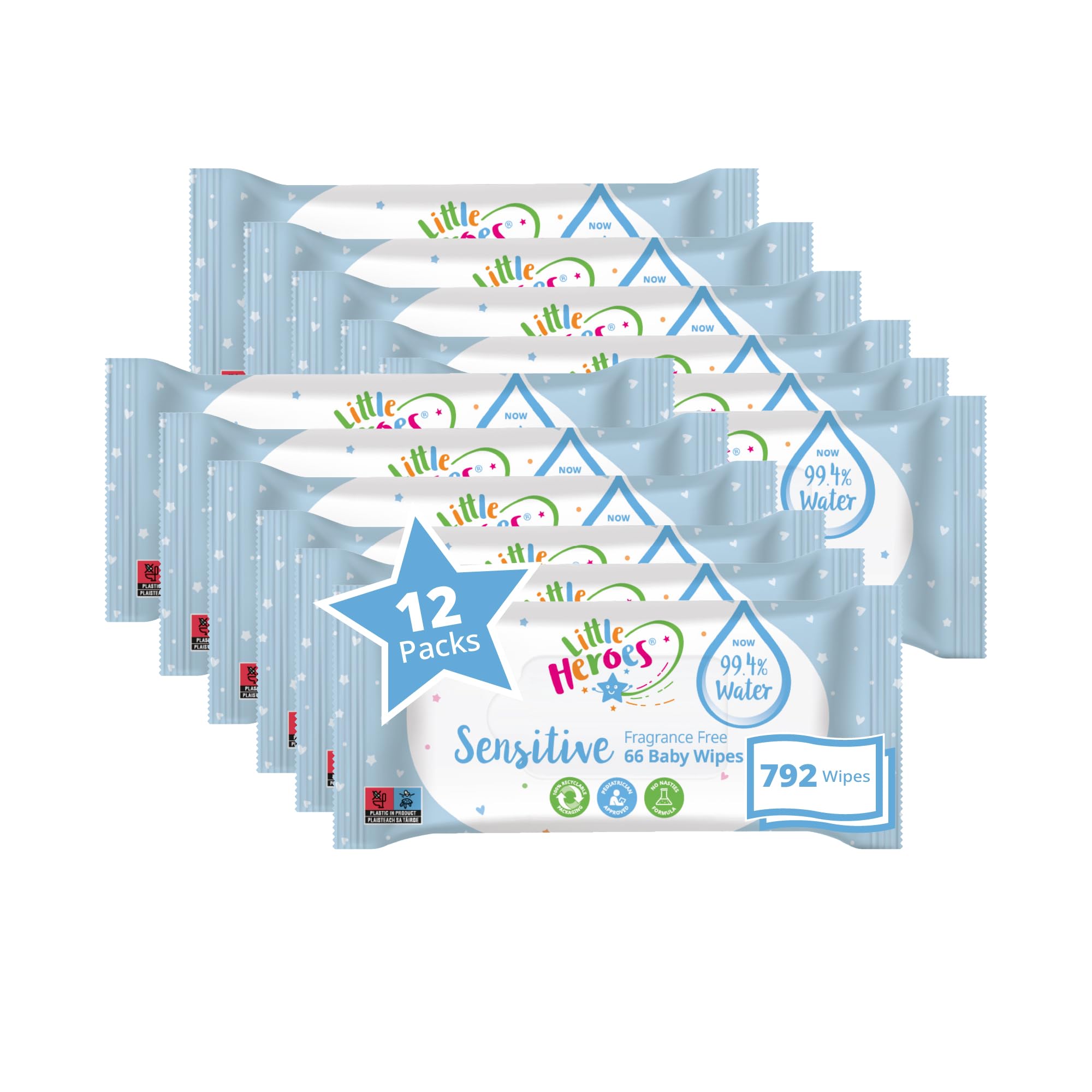 Little Heroes Sensitive Baby Wipes Fragrance Free Water Wipes - 792 Count - 12 x 66 Pack