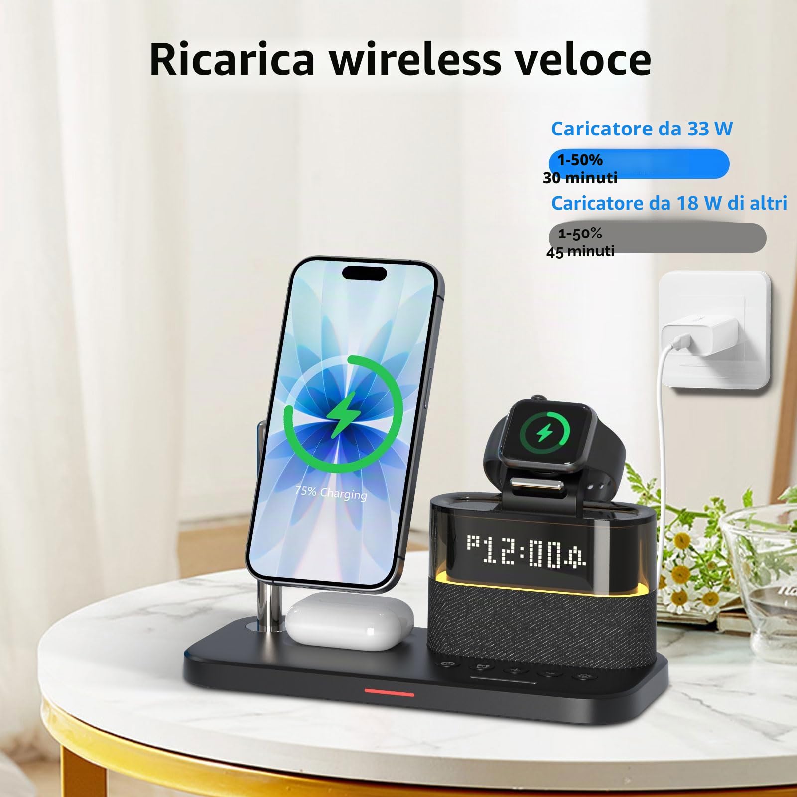 Caricabatterie wireless 5 in 1 con sveglia, stazione di ricarica wireless con luce notturna compatibile con iPhone 17 16 15 14 13 12 Pro Max, Apple Watch e auricolari con ricarica wireless (Nero)
