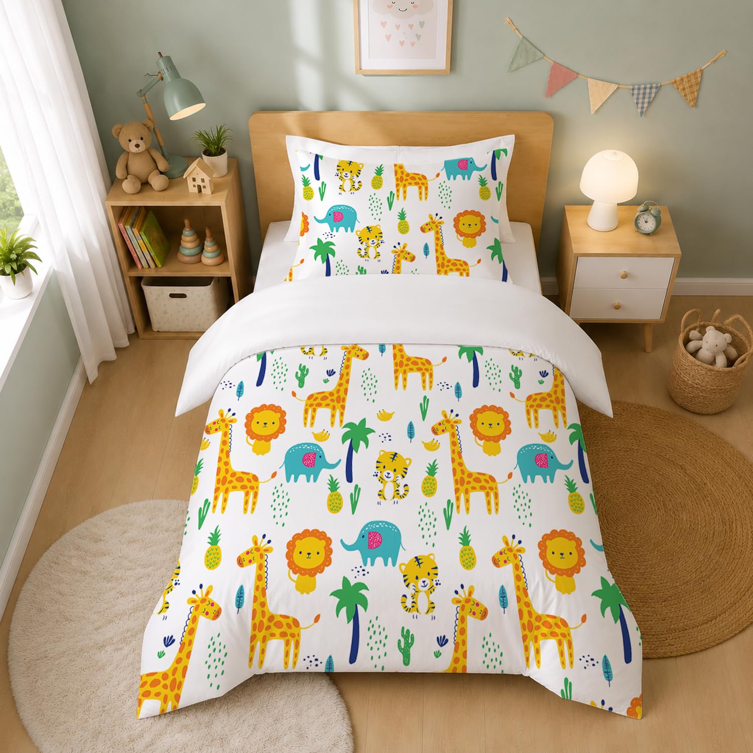 Toddler Duvet Cover Set for Boys Girls, Colorful Animal Printed Bedding Set