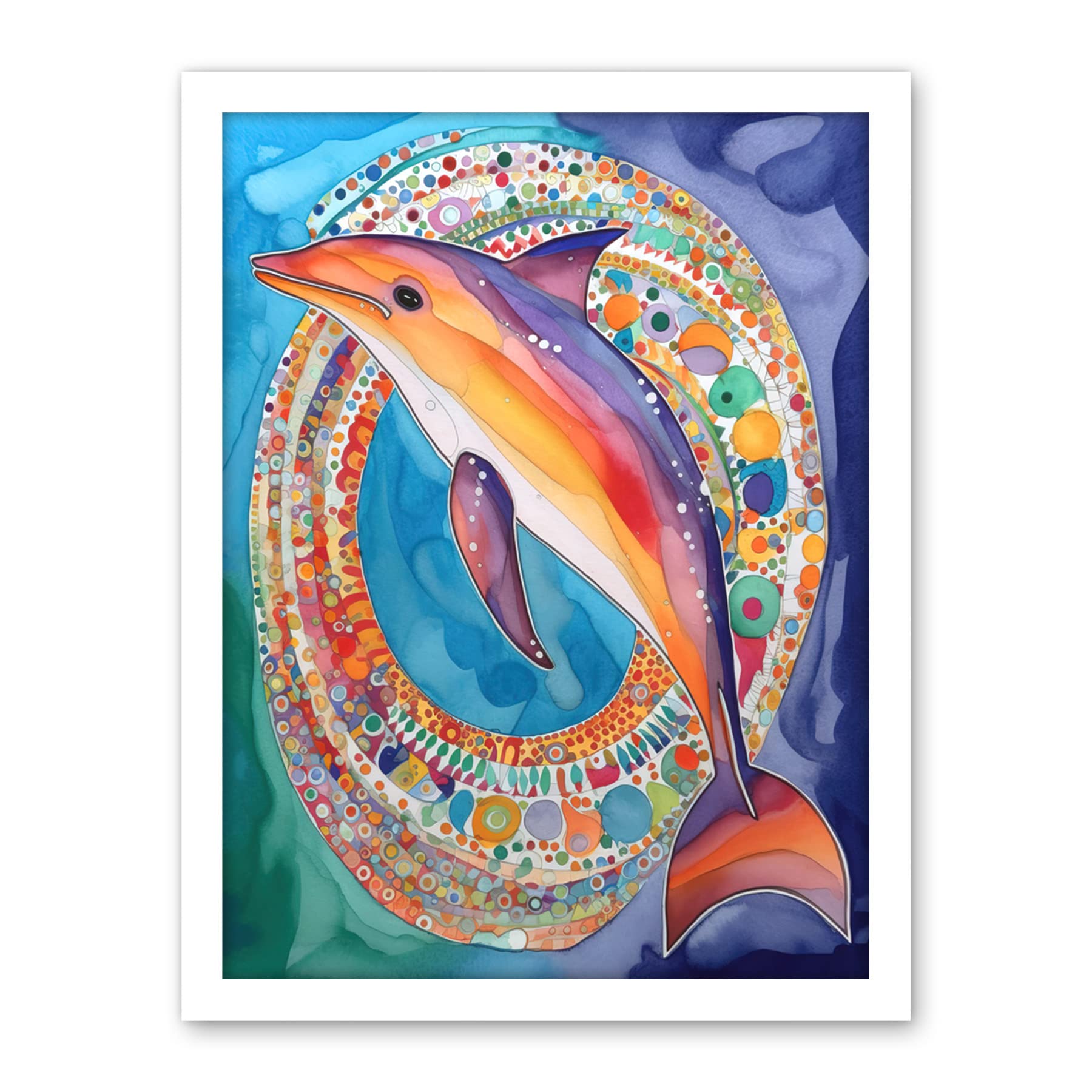 Artery8 Rainbow Dolphin And Pattern Hoop Folk Art Watercolour Painting Artwork Framed Wall Art Print 18X24 Inch