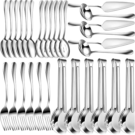 Thenshop 30 Pcs Stainless Steel Serving Utensils Set Serving Flatware Set Include Large Serving Spoons Slotted Spoons Serving Forks Soup Ladle Pie Server and Serving Tongs for Buffet Party (Silver)
