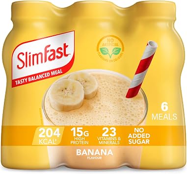 SlimFast • Banana Meal Replacement Shake • 204 Cals • 15g Protein • 23 Vitamins + Minerals • No Added Sugar • Gut Friendly • Ready to Drink • 4.9g of Fibre • Smooth & Creamy Banana Flavour 6 x 325 ml