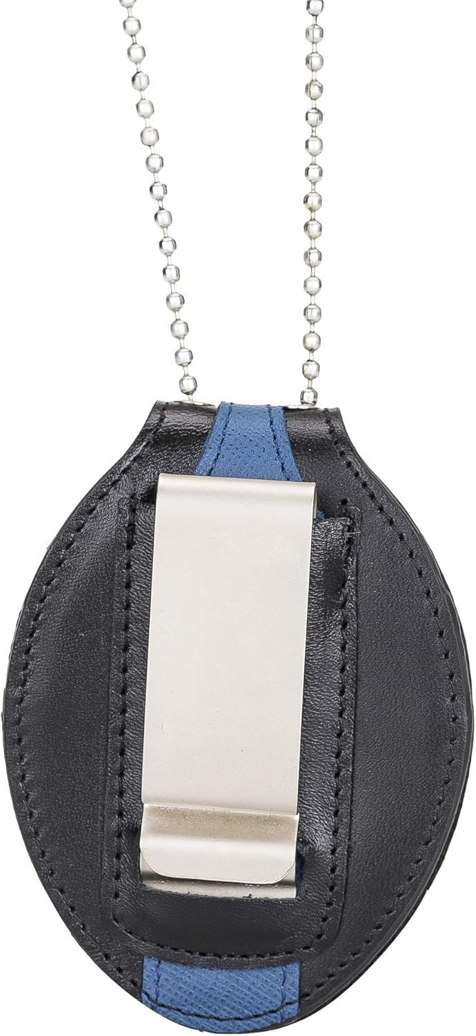 Thin Blue Line Full Grain Leather Oval Law Enforcement Badge Holder with Belt Clip - Optional Use Around The Neck