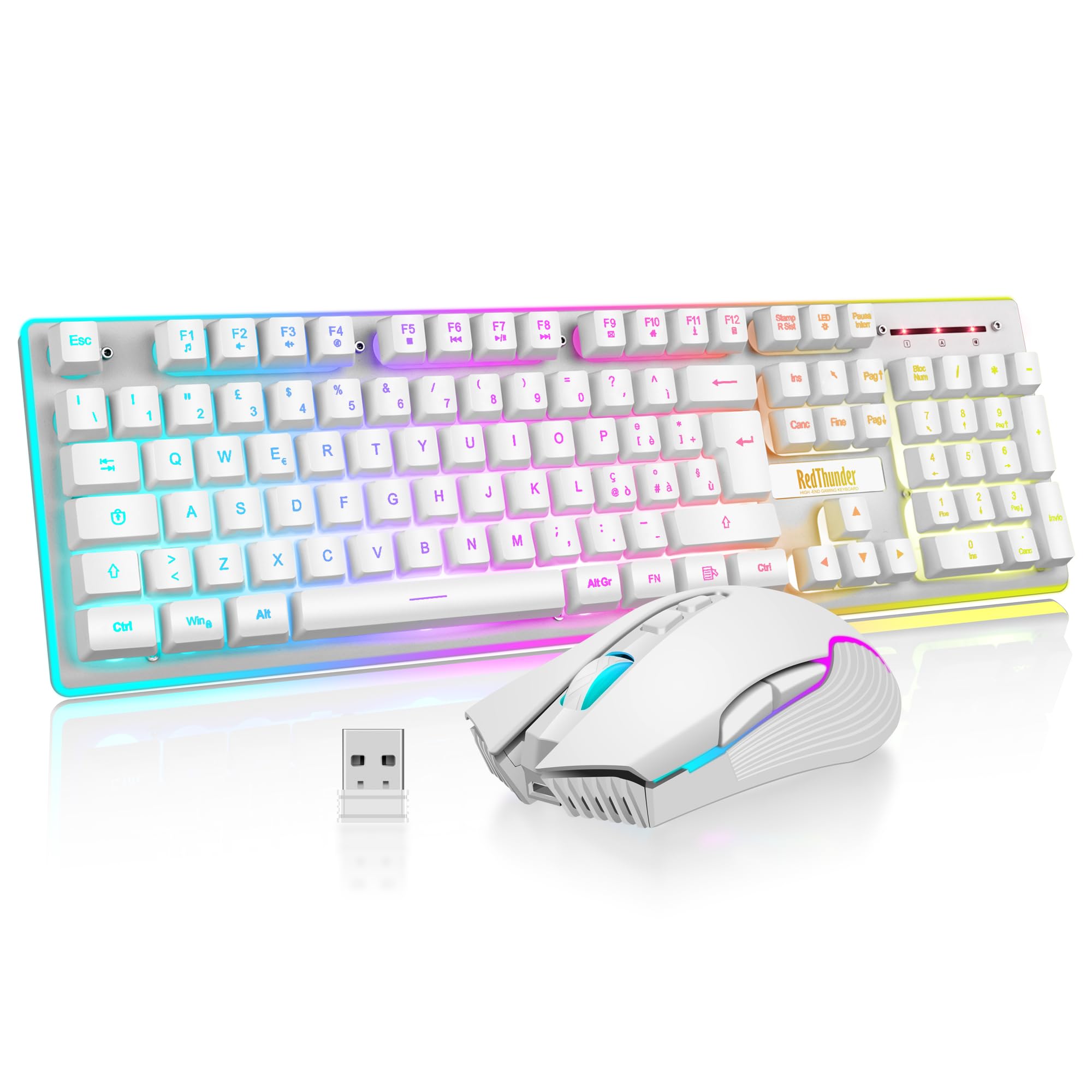RedThunder K10 Set Tastiera e Mouse da Gioco Wireless, Retroilluminazione a LED, Batteria Ricaricabile da 3800 mAh, Sensazione Meccanica, Anti-ghosting+Mouse 7D 3200DPI, Layout IT, Giocatori PC-Bianco