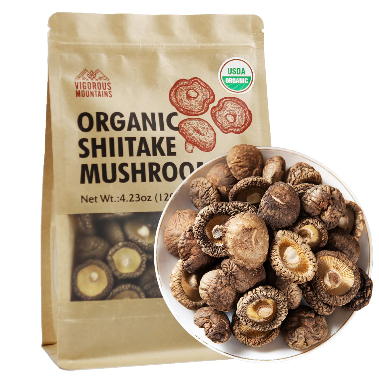 VIGOROUS MOUNTAINS USDA Organic Dried Shiitake Mushrooms 4.23oz - Whole Dehydrated Non-GMO Mushrooms for Soups, Stir-Fries & Risotto