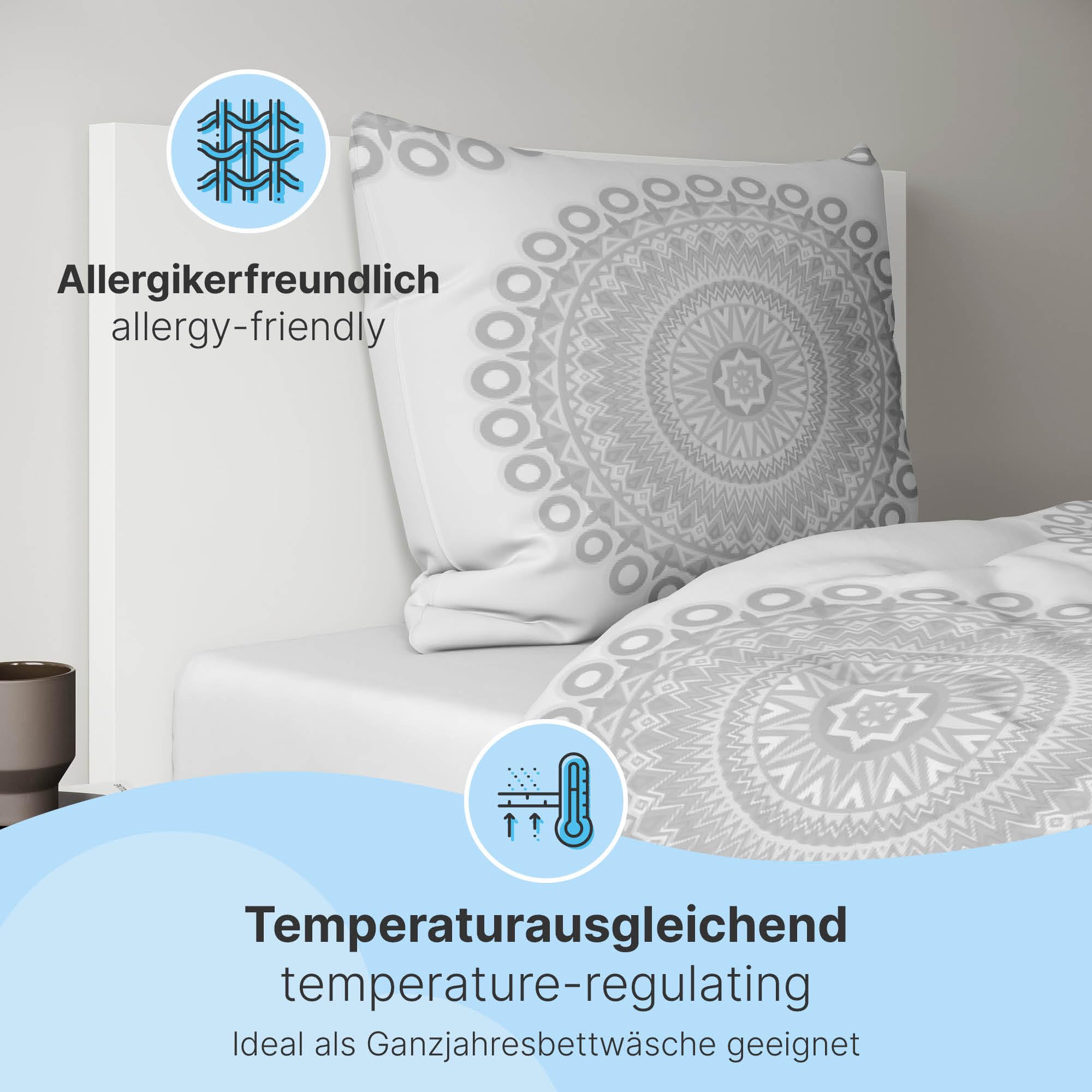 Set Lenzuola ET&Eacute;REA Microfiber Mandala - 135x200cm + 80x80cm, Poliestere Con Finitura Peach Skin, Grigio