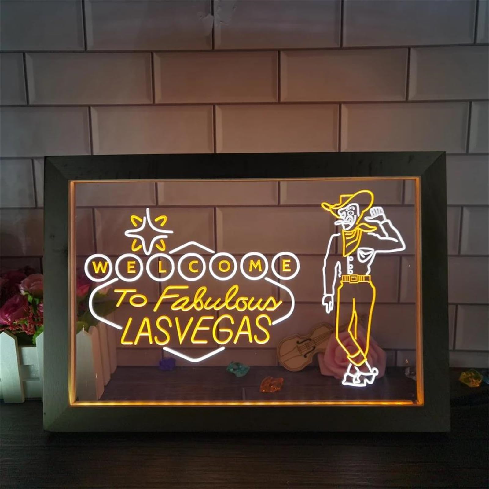 FINOTI Welcome to Las Vegas Beer Bar Pub Display Dual Color LED Neon Sign Photo Frame Bedroom Desk 3D Night Light Bedroom Bar Club Teen Room Art With Switch,M,23x17cm
