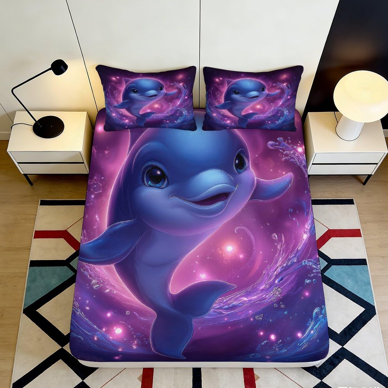 3D Printed Blue Dolphin Fitted Sheet Microfiber Soft Bedroom Decor Cosmic Ocean Mattress Cover for Adult Teen Youth 140x200x25cm