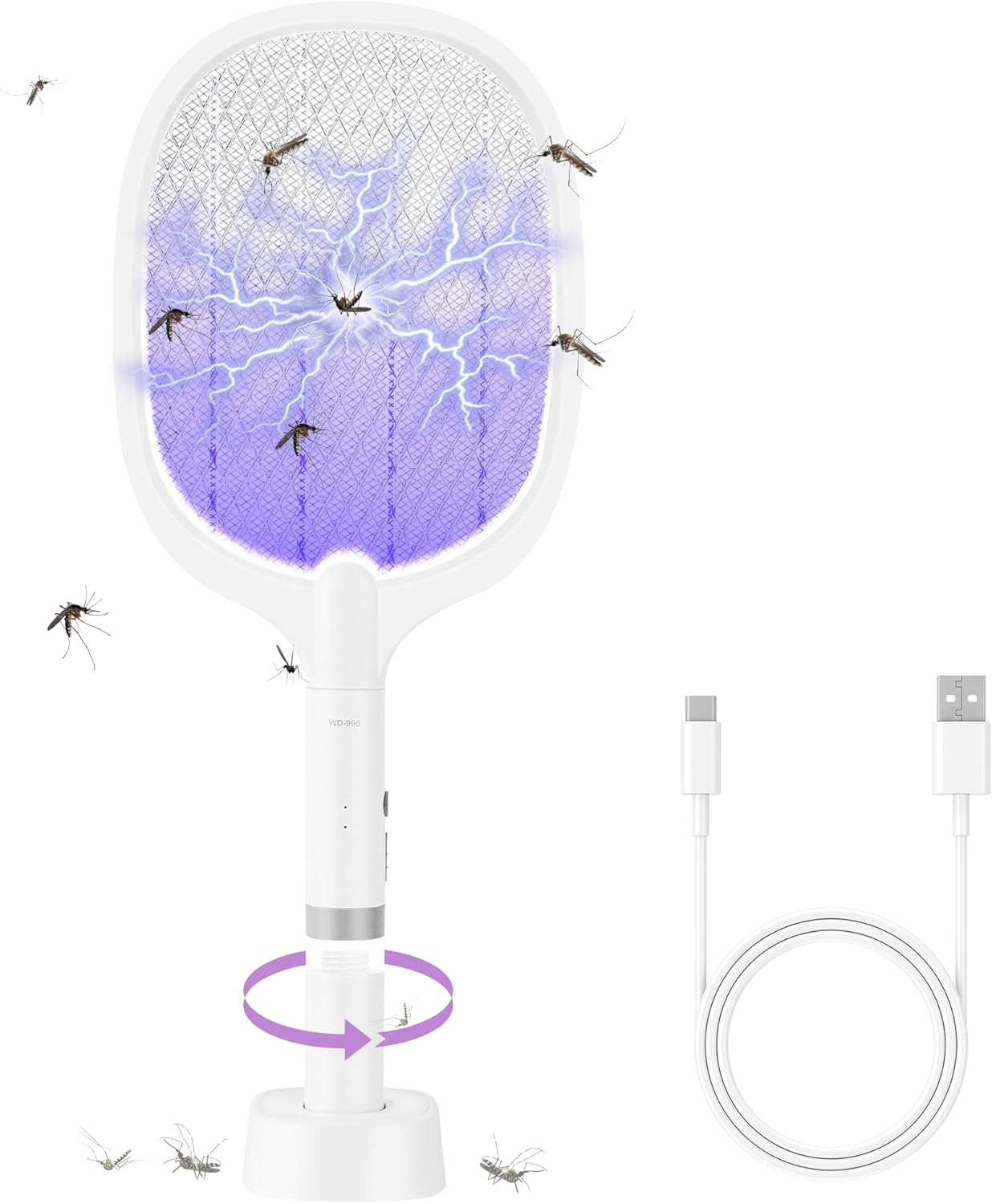 Electric Fly Swatter Rechargeable 4000V High-Volt Bug Zapper Racket, 2-in-1 Detachable Bug Swatter Mosquito Killer with Purple Light & 3-Layer Safety Nets Portable Fly Zapper for Indoor Outdoor Oval-1Pack