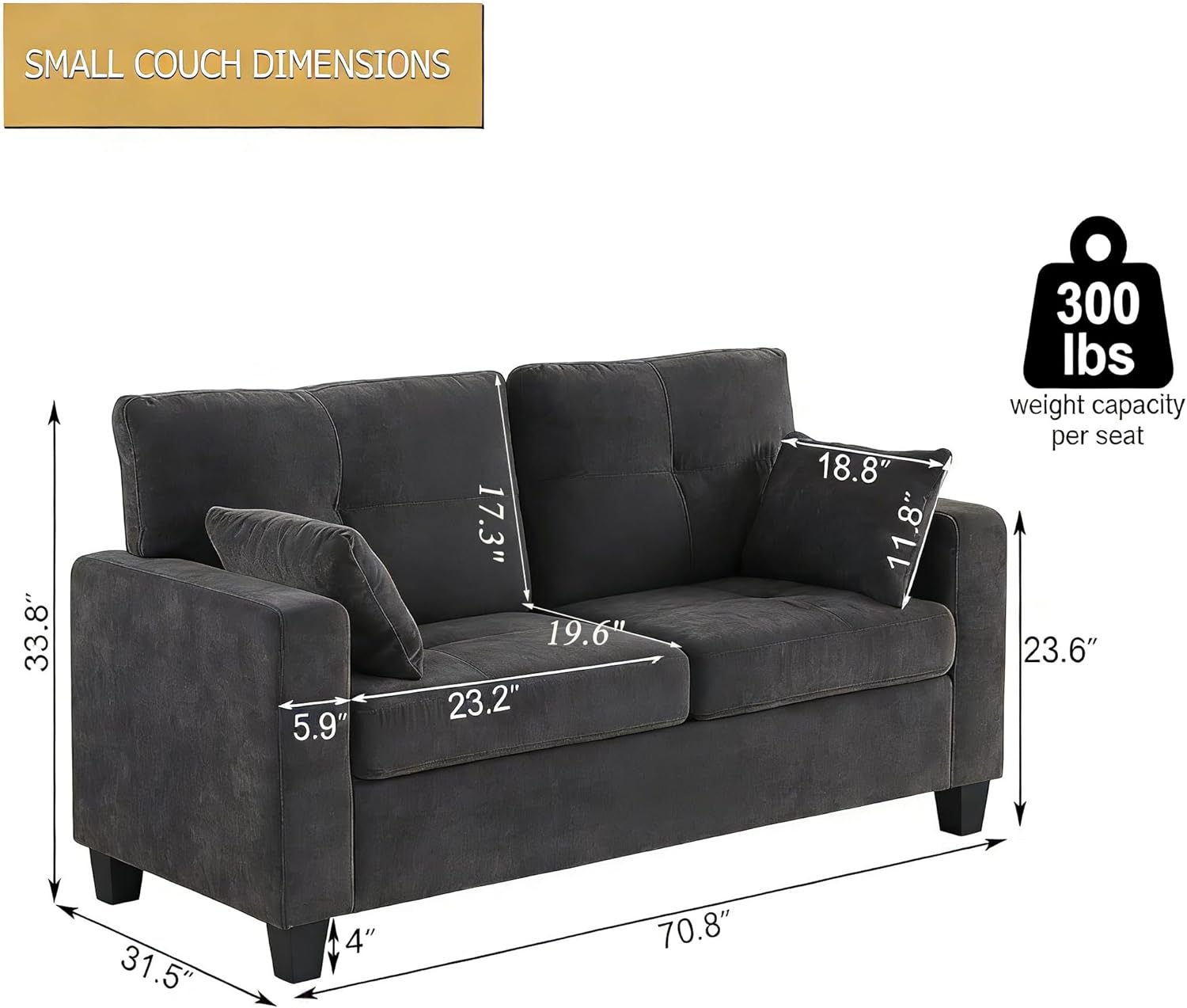Flesser 58 Inch Loveseat Sofa Modular Sectional Small Couchfor Small Spaces Velvet Comfy 2 Seater Couches for Bedroom,Office Love Seat Couch with Throw Pillows(Dark Grey)