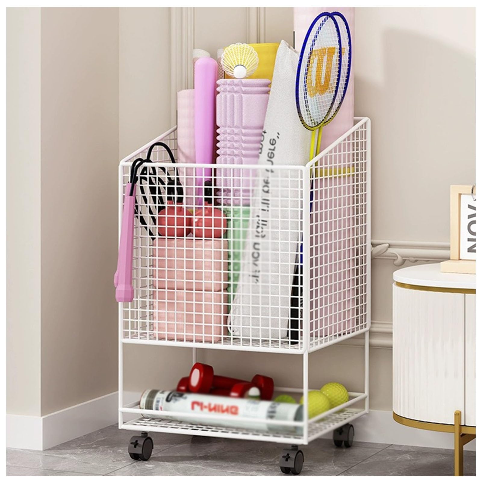 Soporte para Esterilla de Yoga, Estante Multifuncional con Ruedas, Organizador de Equipo de Fitness para el hogar, Ideal para Rodillos de Espuma, Bloques de Yoga y Accesorios (Blanco)