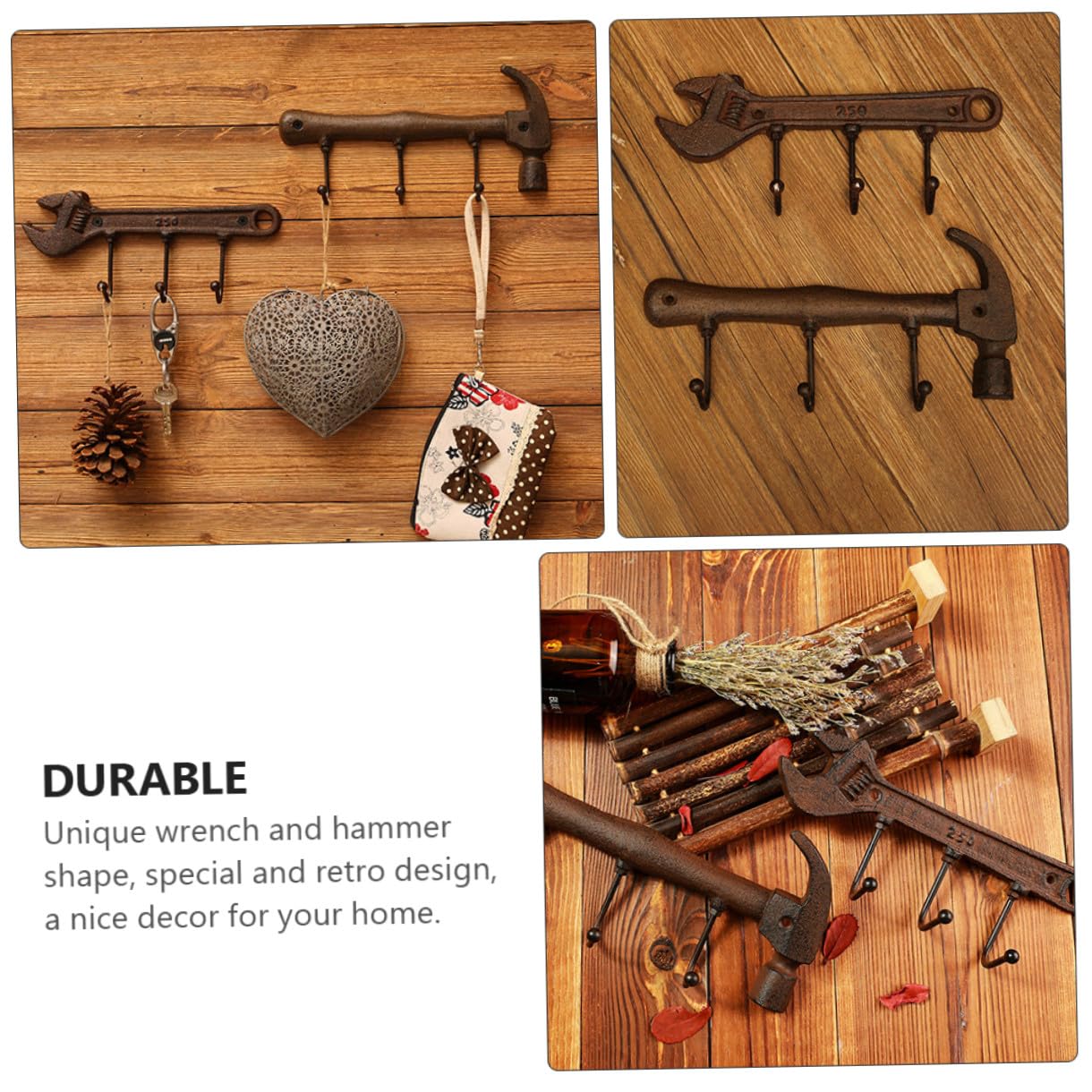 Gancio a Parete in Ferro Stile Industriale Americano, Set da 2 Ganci Appendiabiti a Forma di Martello e Chiave Inglese, Portaoggetti Decorativo per Soggiorno Cucina Bagno Ufficio