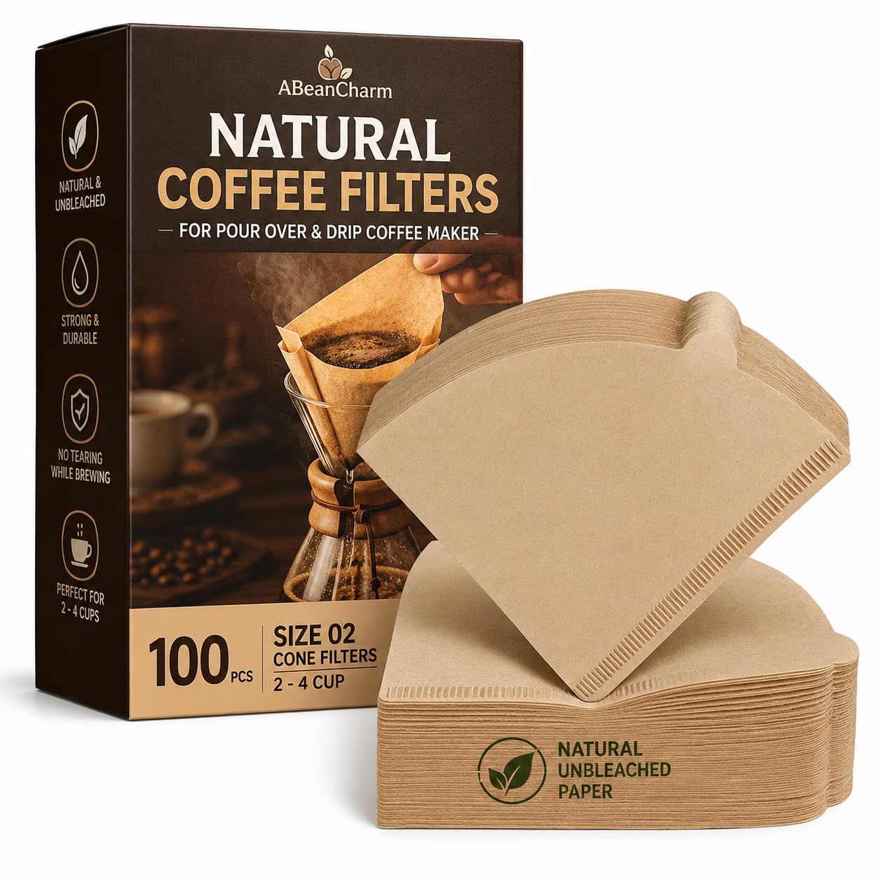 100 Pcs Natural Coffee Filters, Size 02 Cone Filters, Disposable Natural Paper Filters 2-4 Cup, 2 Cone for Pour Over and Drip Coffee Maker-image-14