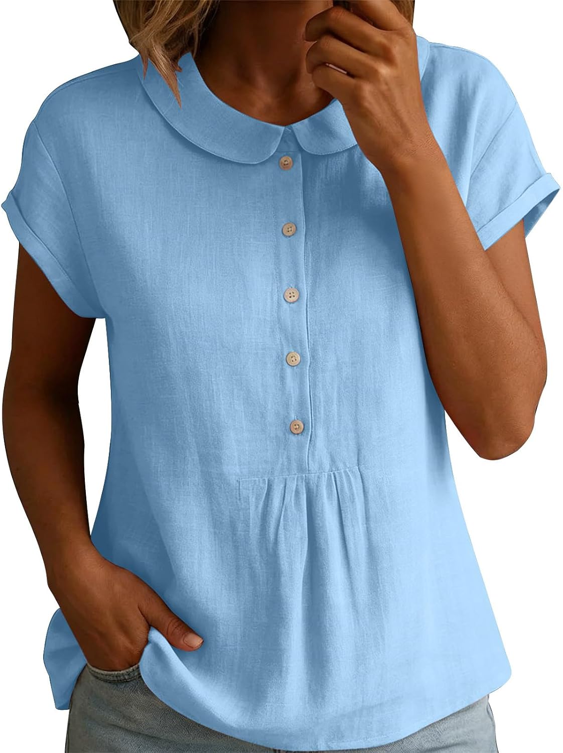 Women's Short Sleeve Tops Henley Neck Button Collared Business Casual Shirts Summer Loose Fit Going Out T Shirts
