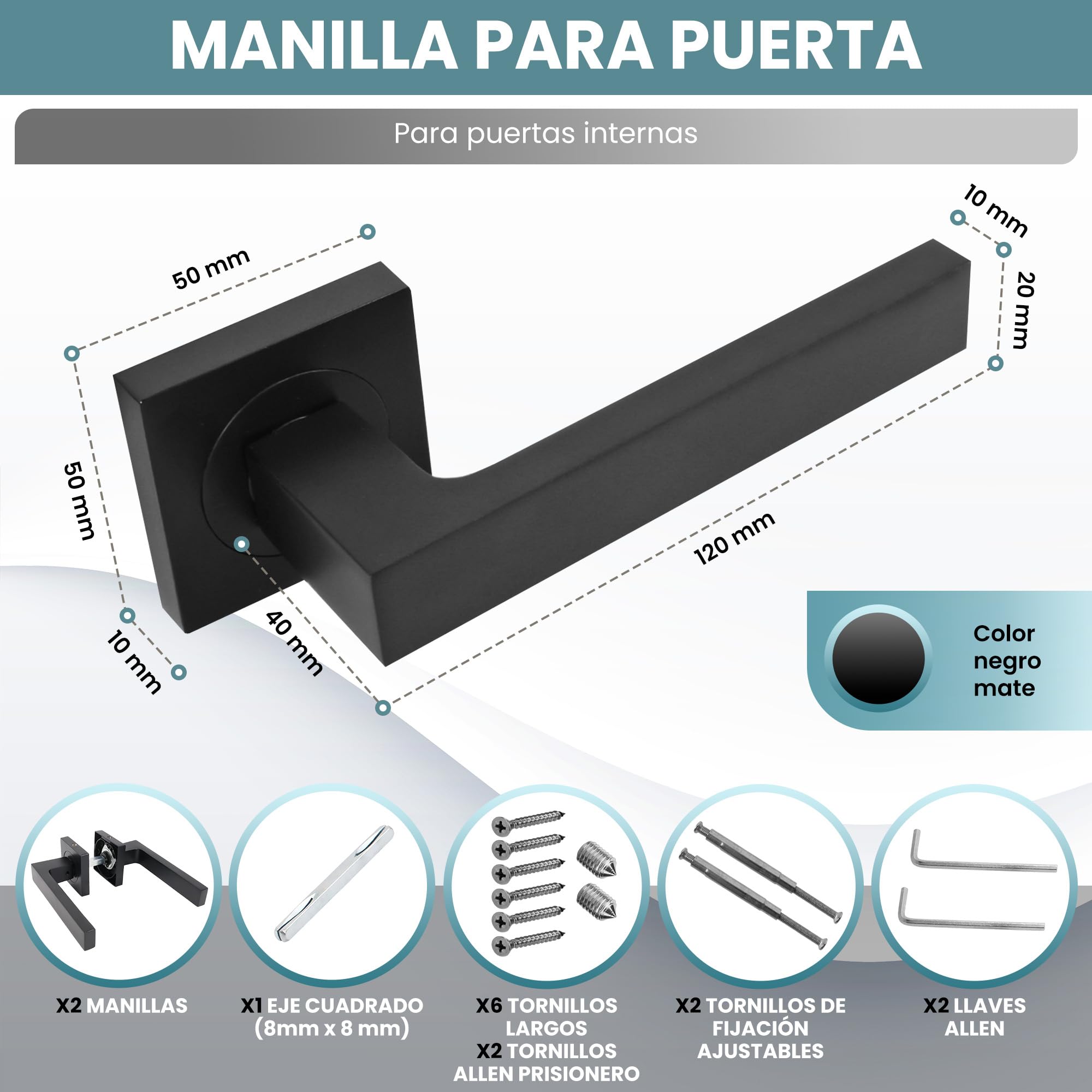AZERODESIGN - Juego de Manivela- Manetas Puertas Interior Casa-Manillas Puertas Interior- Color Negro Mate- Roseta Cuadrada 50x50 mm - Largo de Manivela 120 mm - Fabricada en Aluminio Macizo