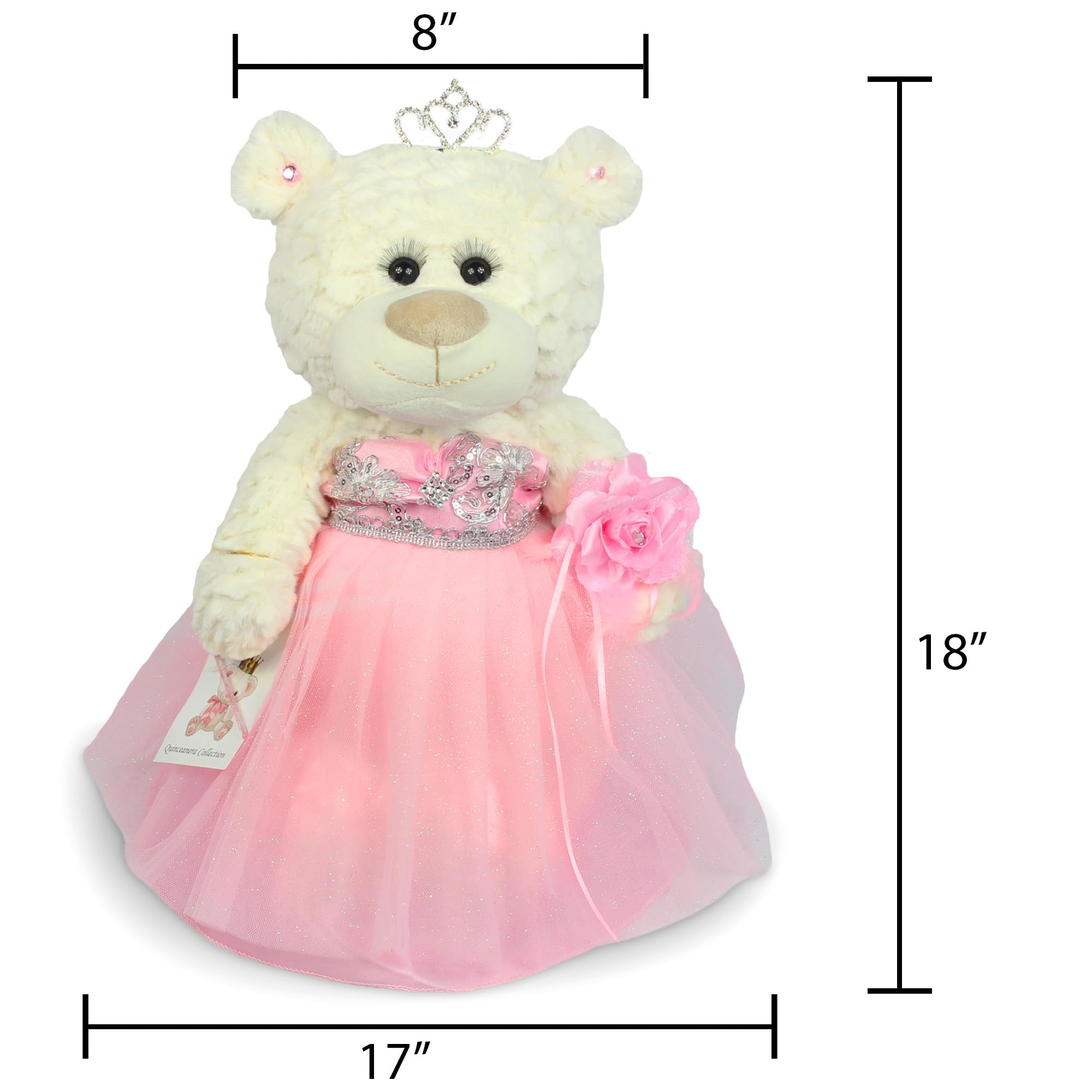 KINNEX COLLECTIONS SINCE 1997 Classic Size Quinceañera Bear with Elegant Dress – Gift-Ready Keepsake and Centerpiece Decoration for 15 Años, OSO Quinceañera Tradicional B14631-3 (Pink)